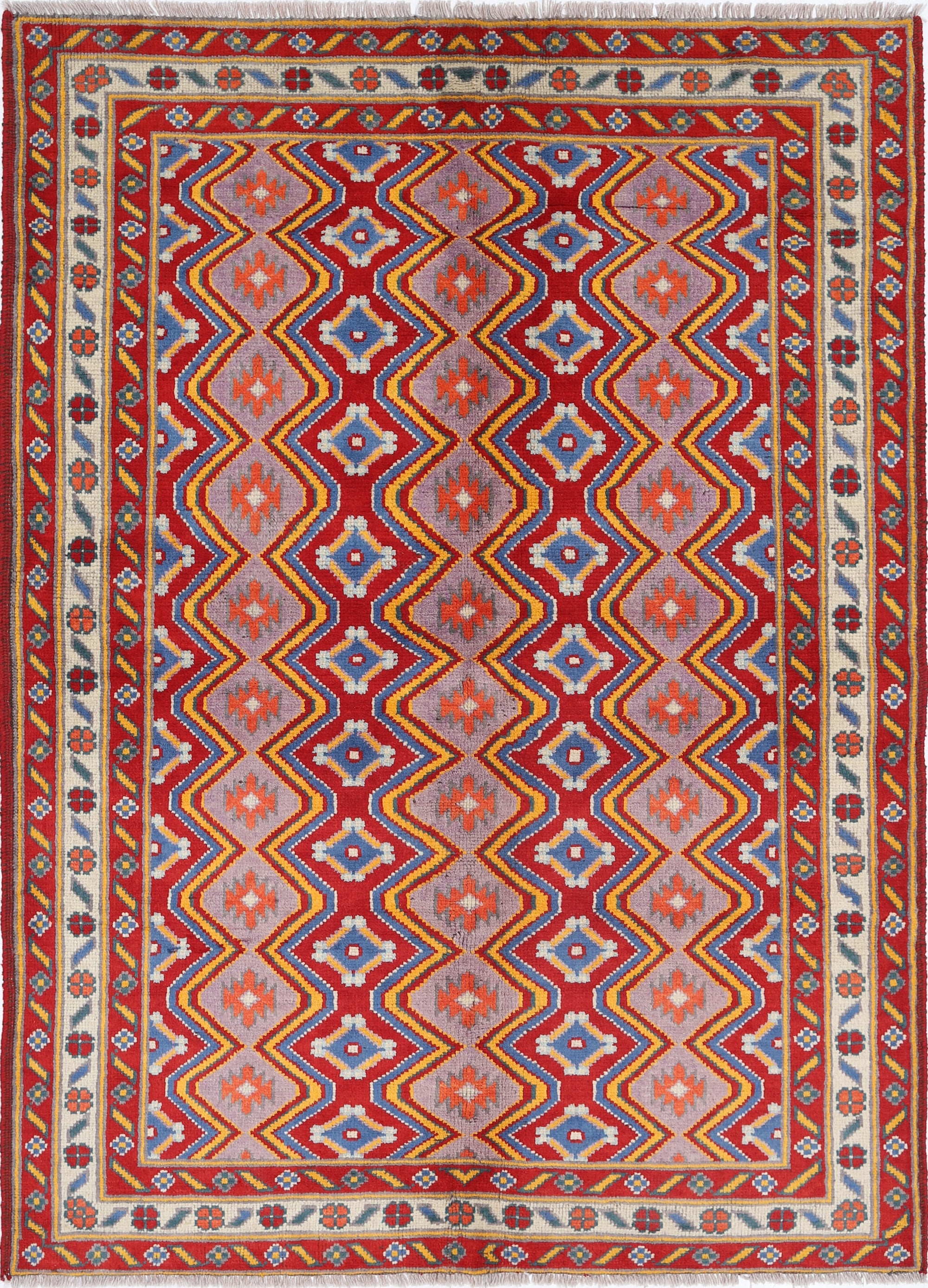 Red Hand-Knotted Tribal Geometric Wool Rug - 4'10" x 6'11"