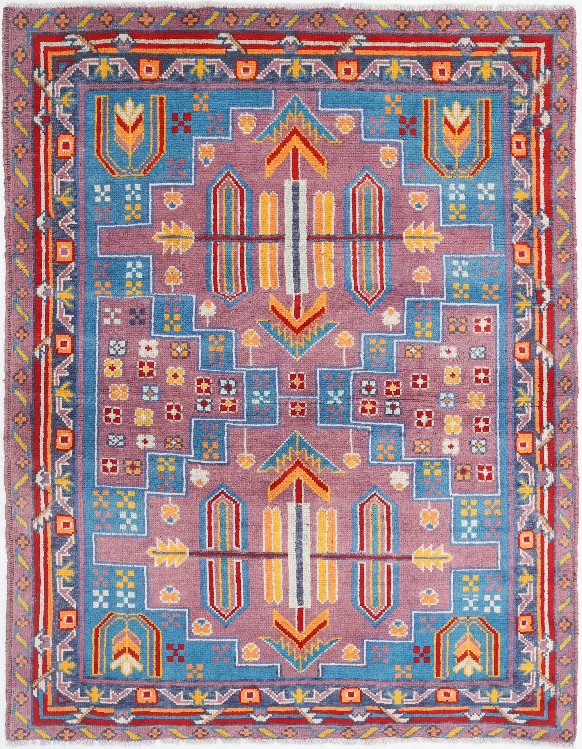 Purple Hand-Knotted Tribal Geometric Wool Rug - 4'9" x 6'4"