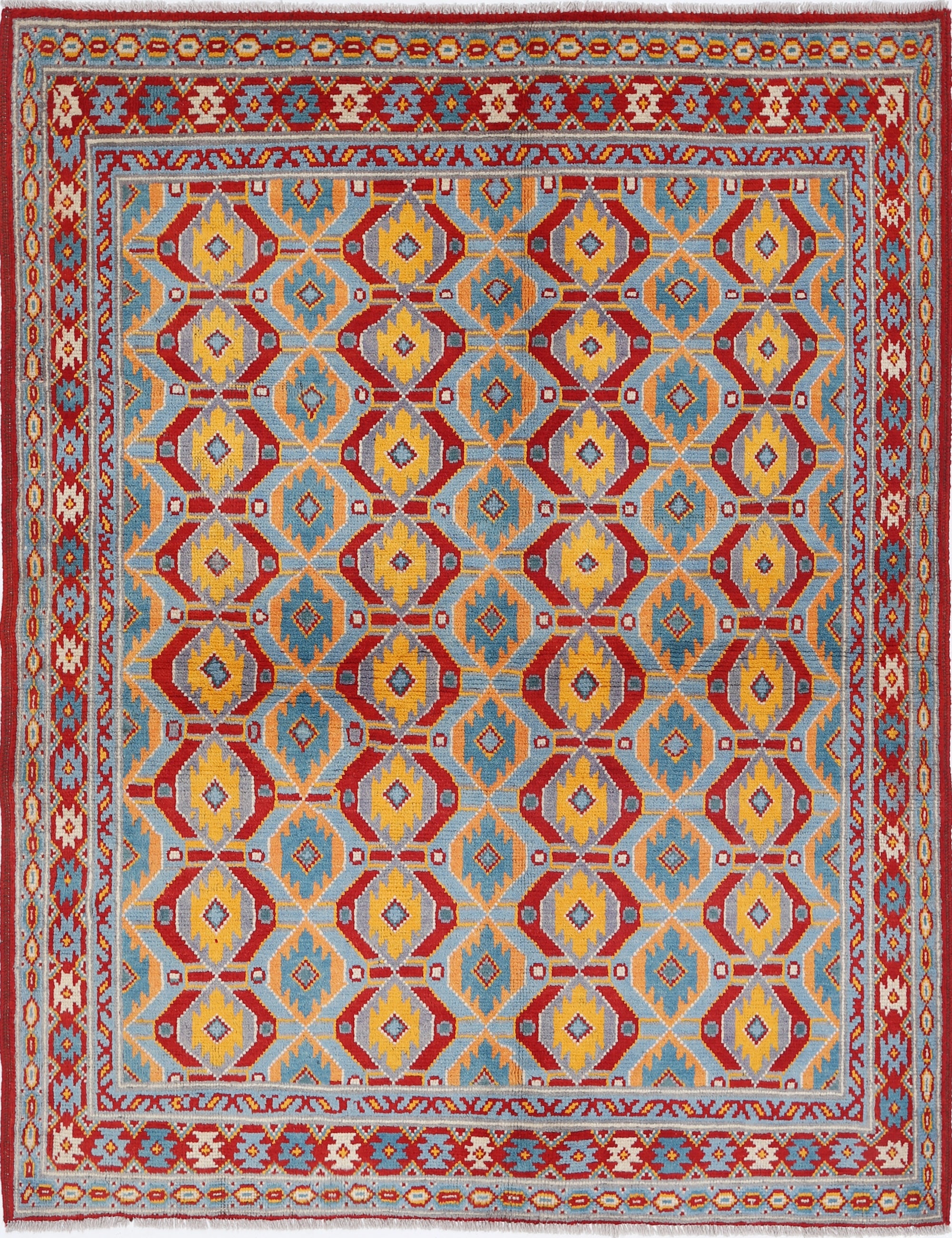 Red Hand-Knotted Tribal Geometric Wool Rug - 5'2" x 6'8"