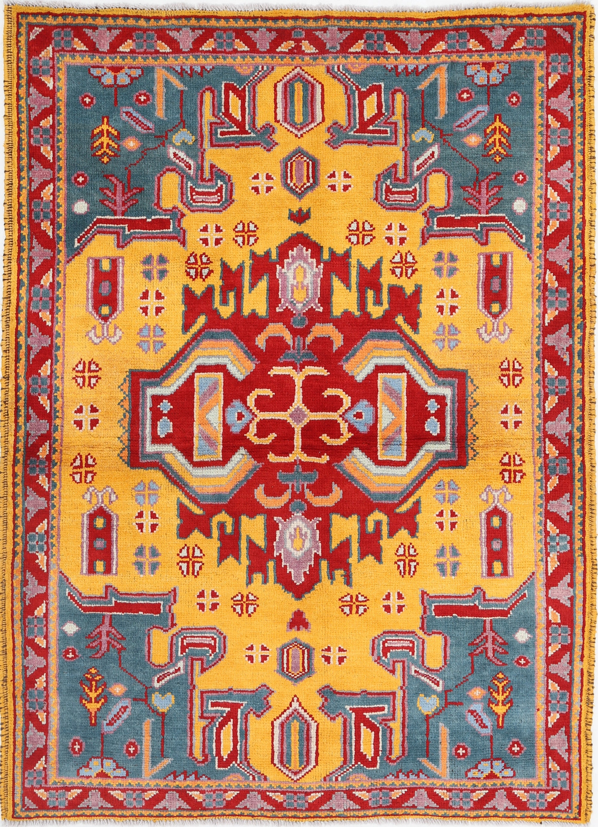 Gold Hand-Knotted Tribal Geometric Wool Rug - 4'1" x 5'9"