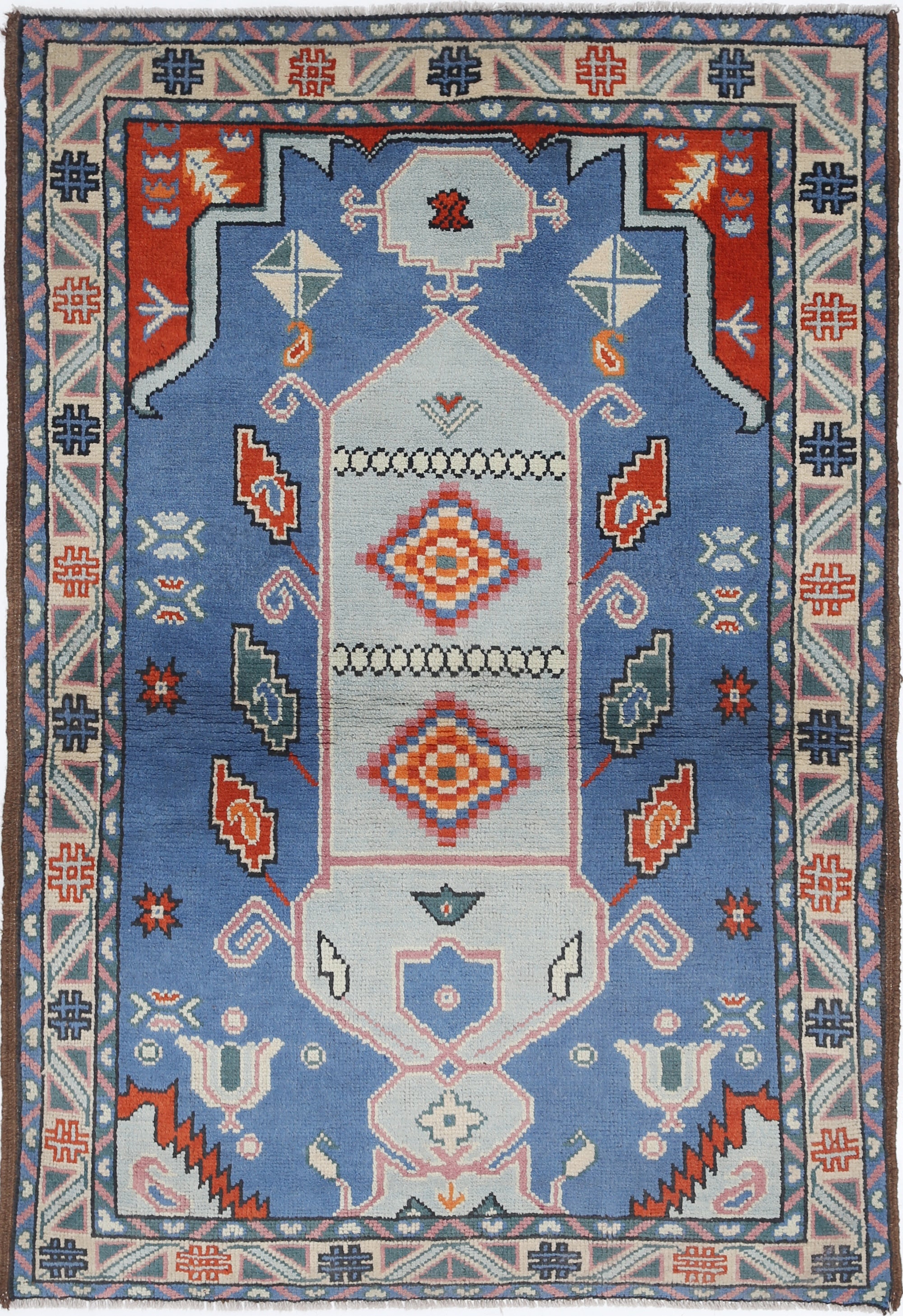 Blue Hand-Knotted Tribal Geometric Wool Rug - 4'0" x 5'7"