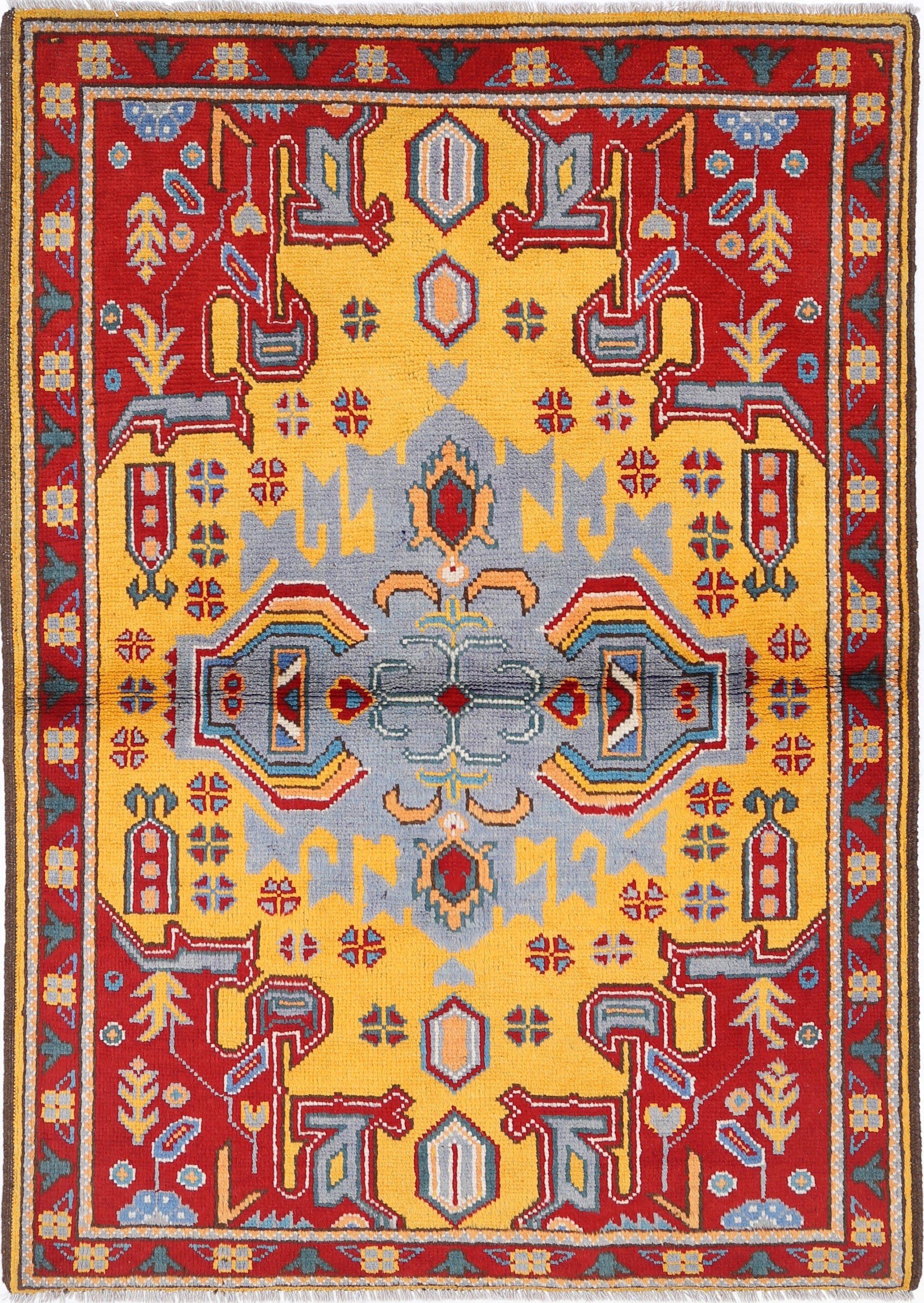 Gold Hand-Knotted Tribal Geometric Wool Rug - 4'0" x 5'10"