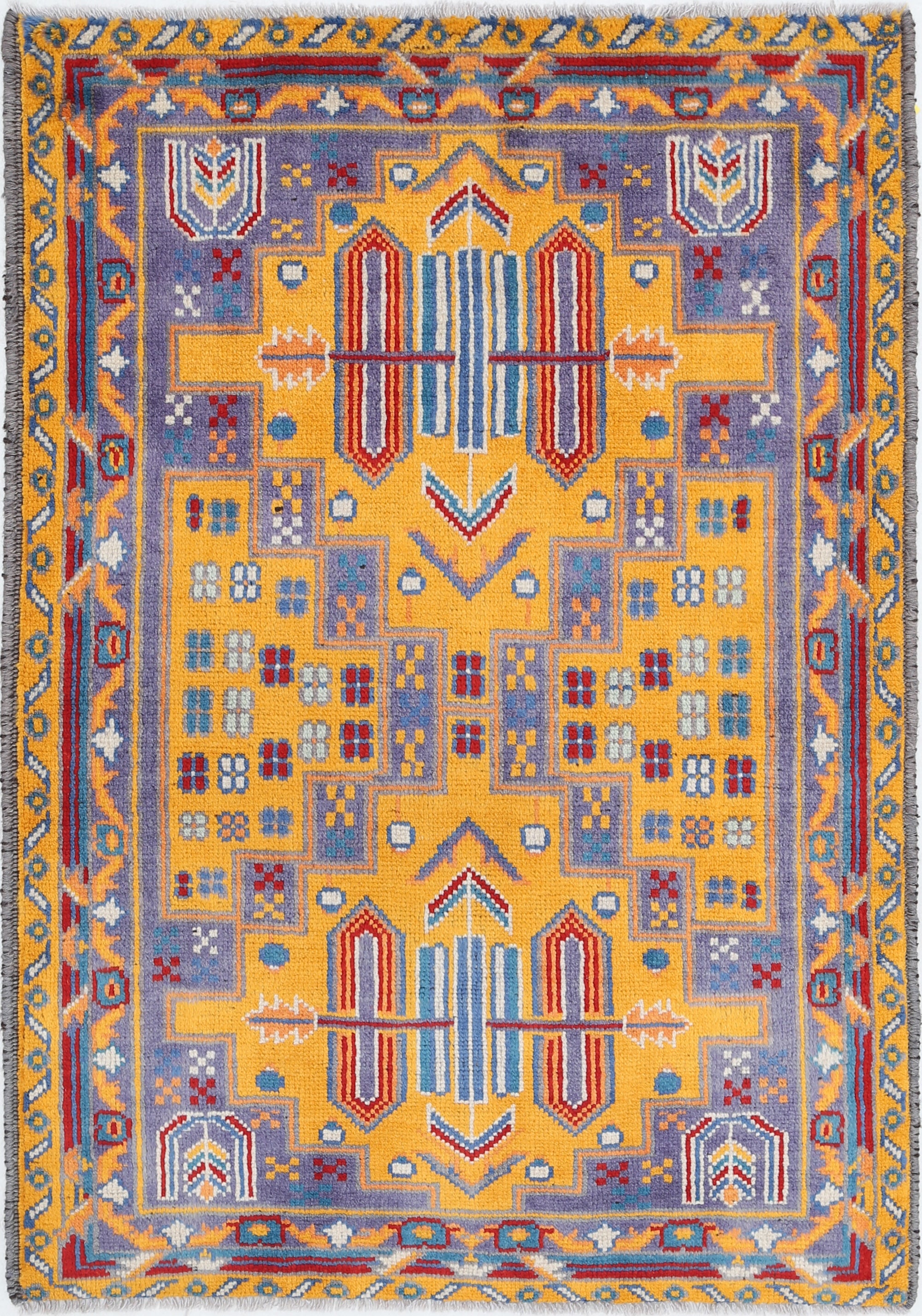Gold Hand-Knotted Tribal Geometric Wool Rug - 3'5" x 4'10"