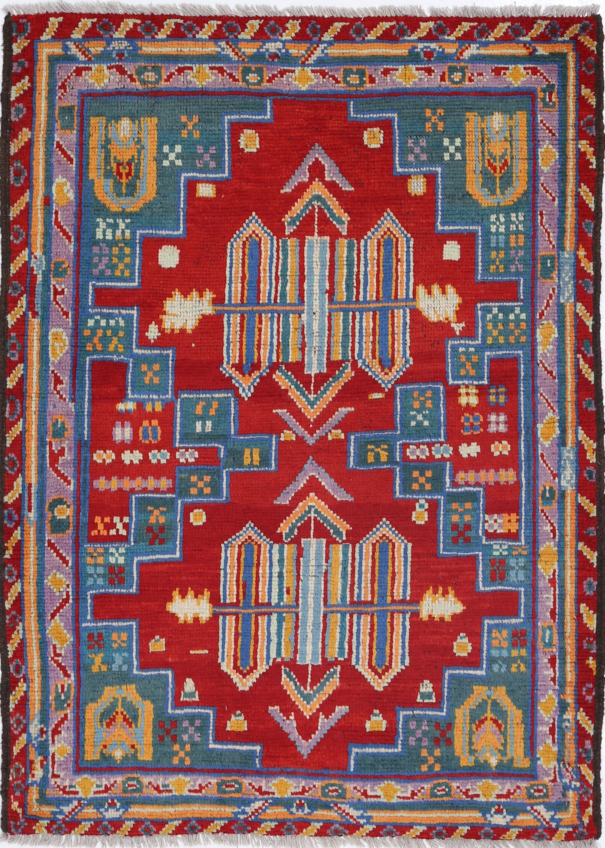 Red Hand-Knotted Tribal Geometric Wool Rug - 3'6" x 4'9"