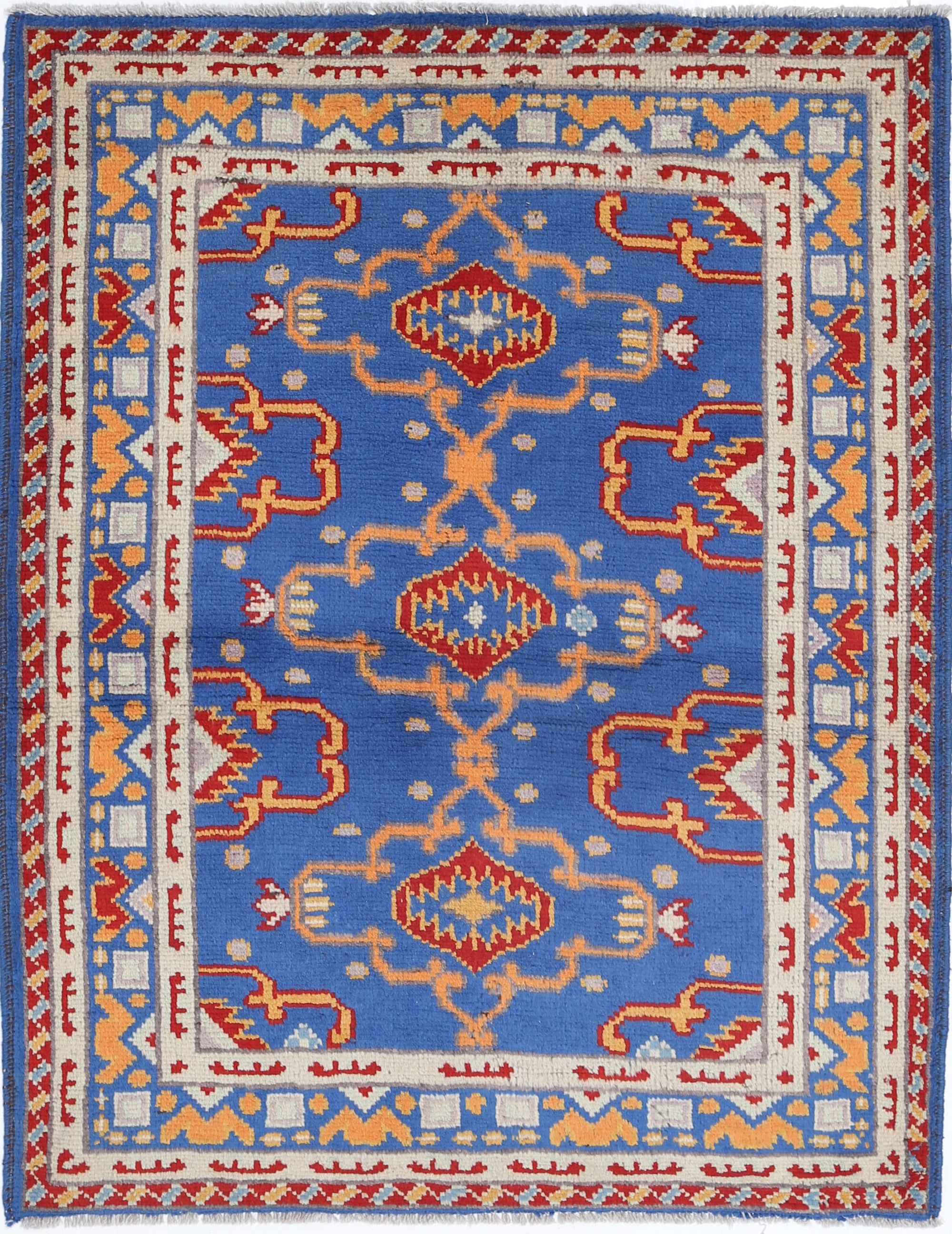 Blue Hand-Knotted Tribal Geometric Wool Rug - 3'3" x 4'5"