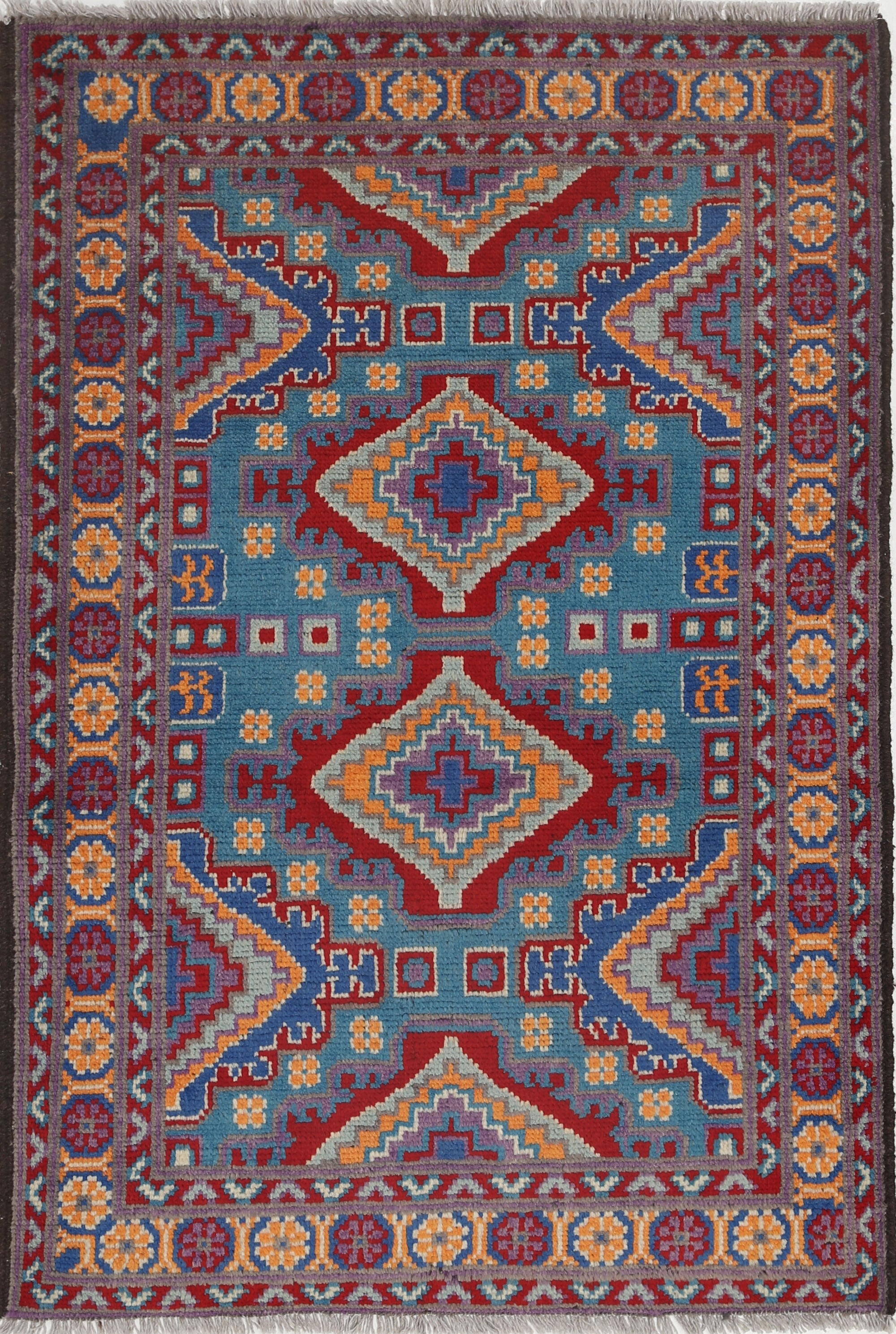 Teal Hand-Knotted Tribal Geometric Wool Rug - 3'4" x 4'11"