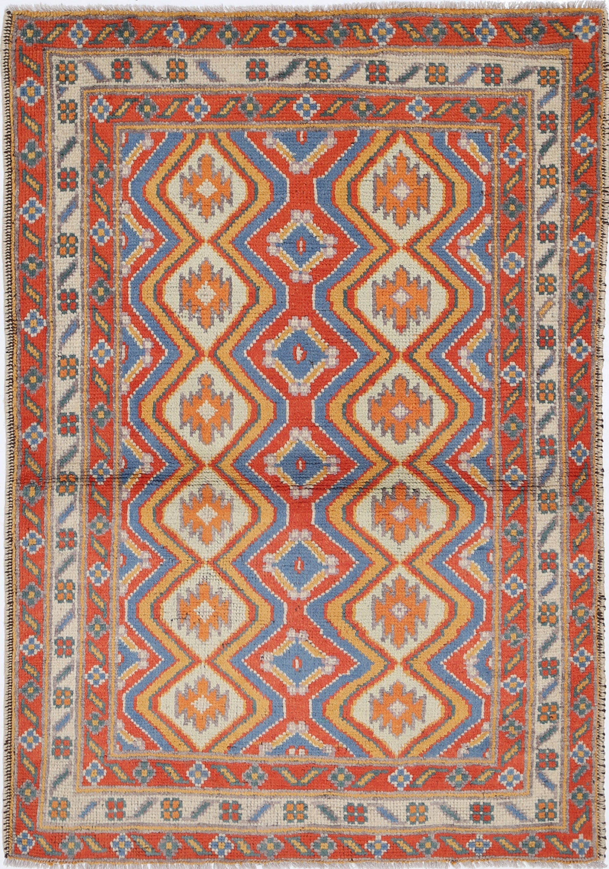 Blue Hand-Knotted Tribal Geometric Wool Rug - 3'5" x 4'10"