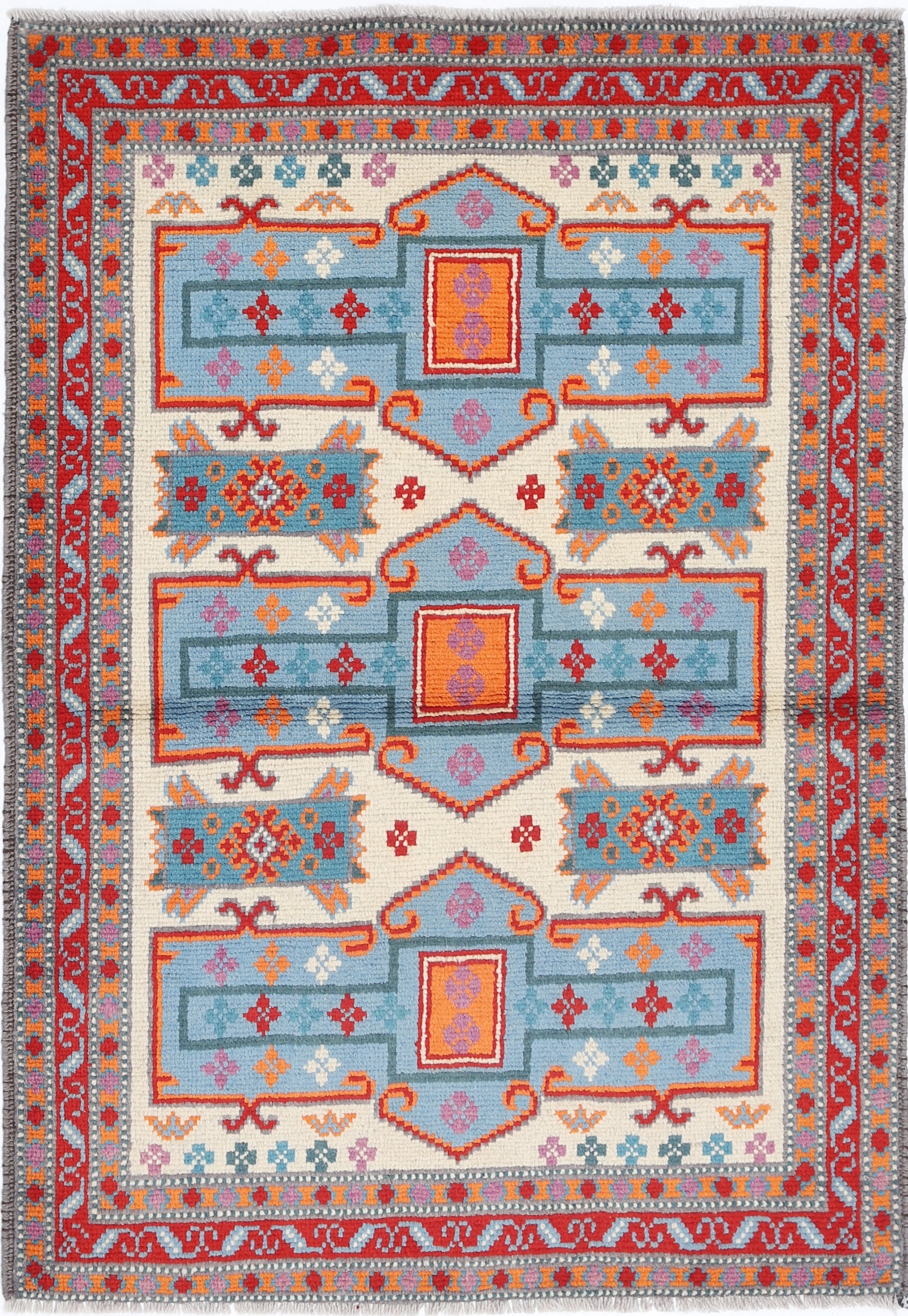 Ivory Hand-Knotted Tribal Geometric Wool Rug - 3'4" x 4'11"