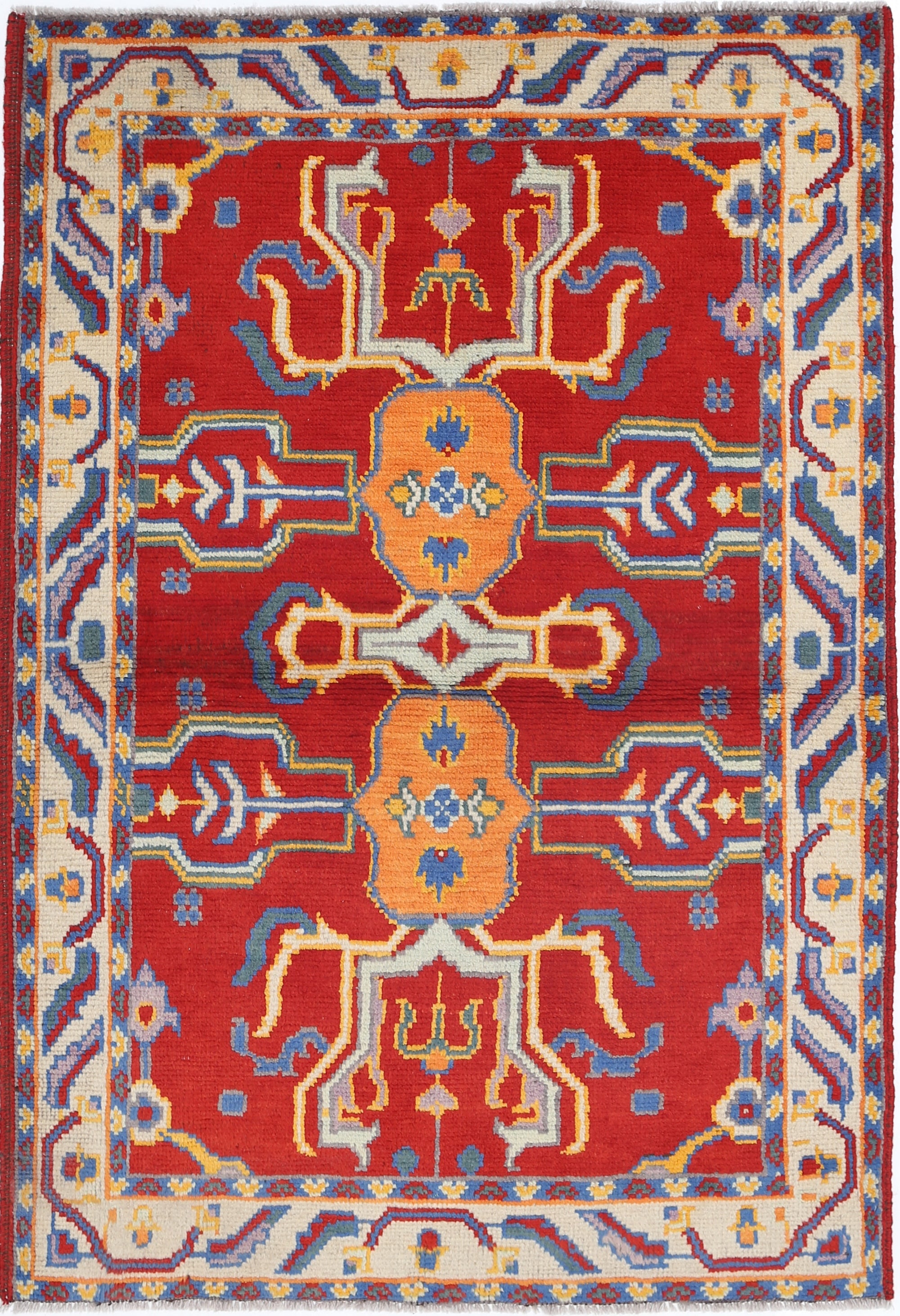 Red Hand-Knotted Tribal Geometric Wool Rug - 3'5" x 5'1"
