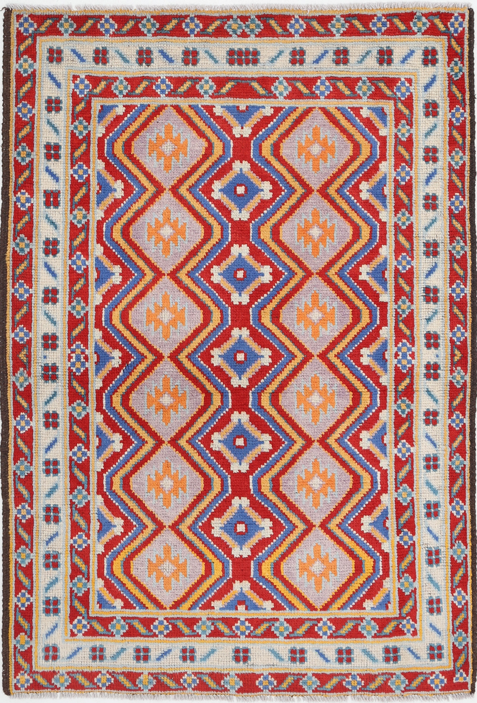 Red Hand-Knotted Tribal Geometric Wool Rug - 3'4" x 5'0"