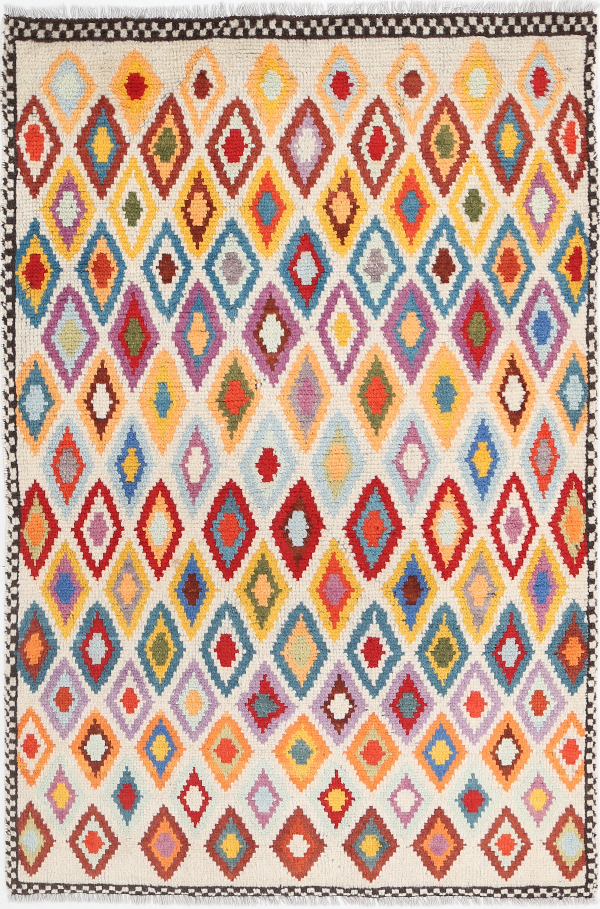 Ivory Hand-Knotted Tribal Geometric Wool Rug - 3'4" x 5'0"