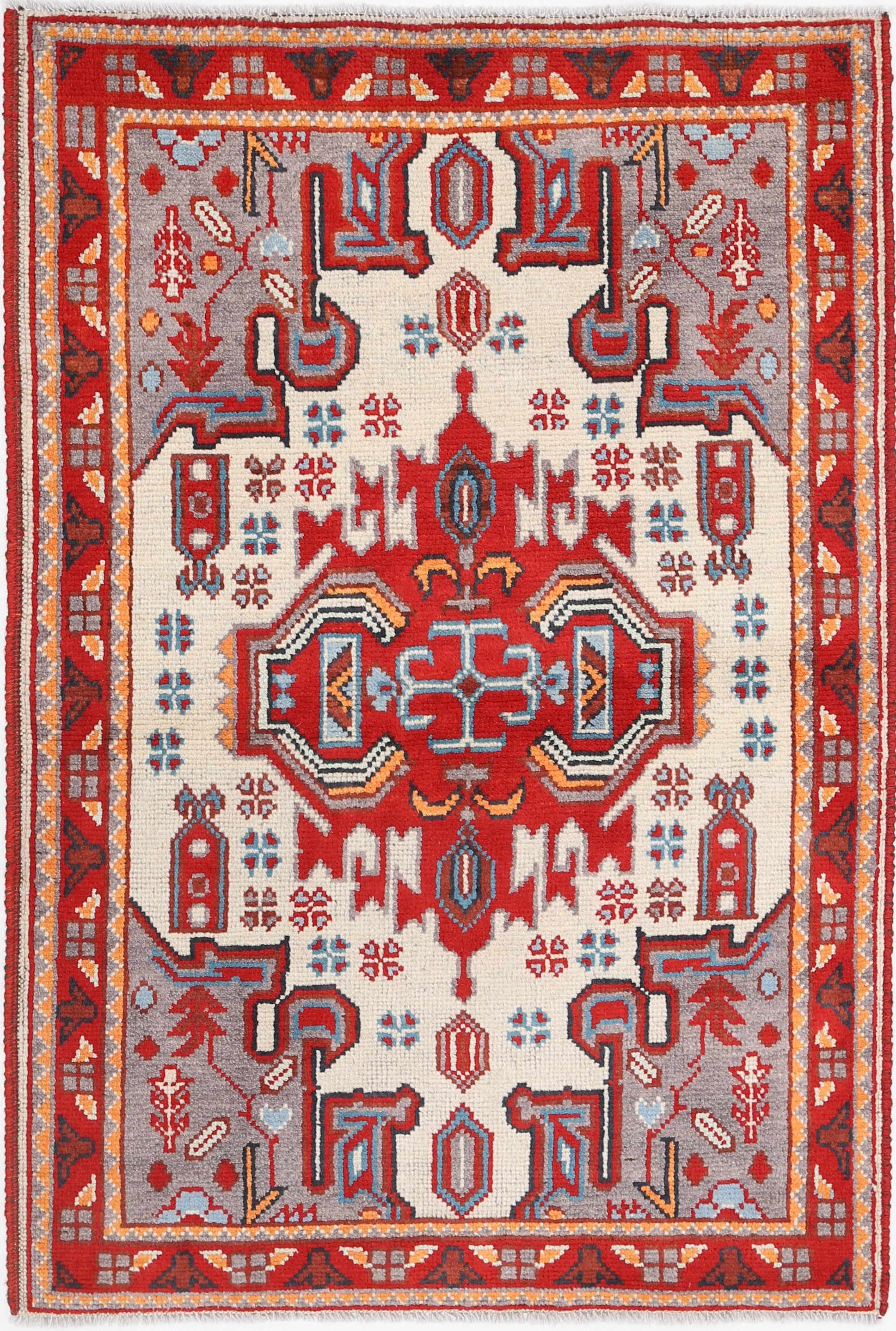 Ivory Hand-Knotted Tribal Geometric Wool Rug - 3'4" x 5'0"