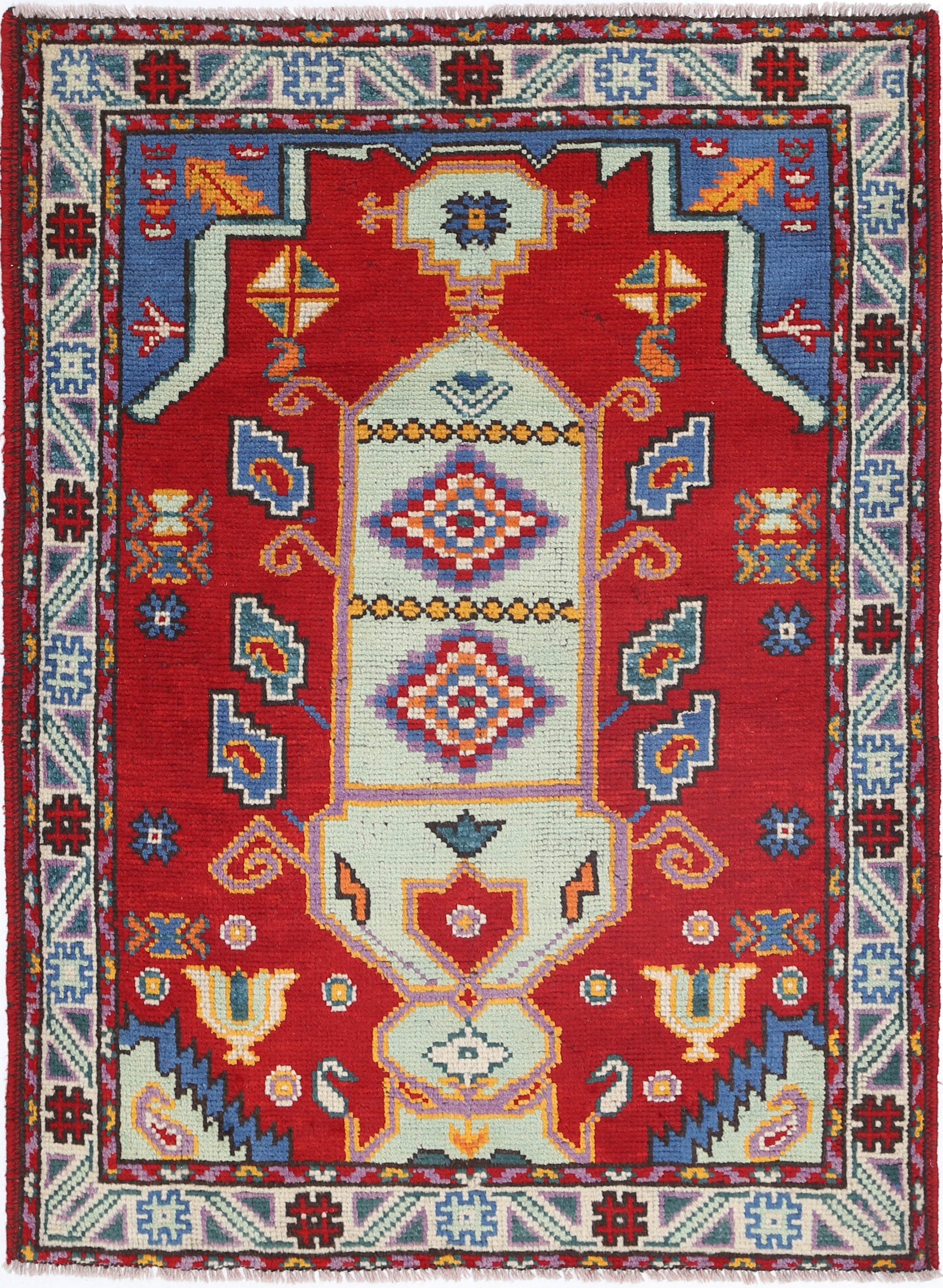 Red Hand-Knotted Tribal Geometric Wool Rug - 3'5" x 4'10"