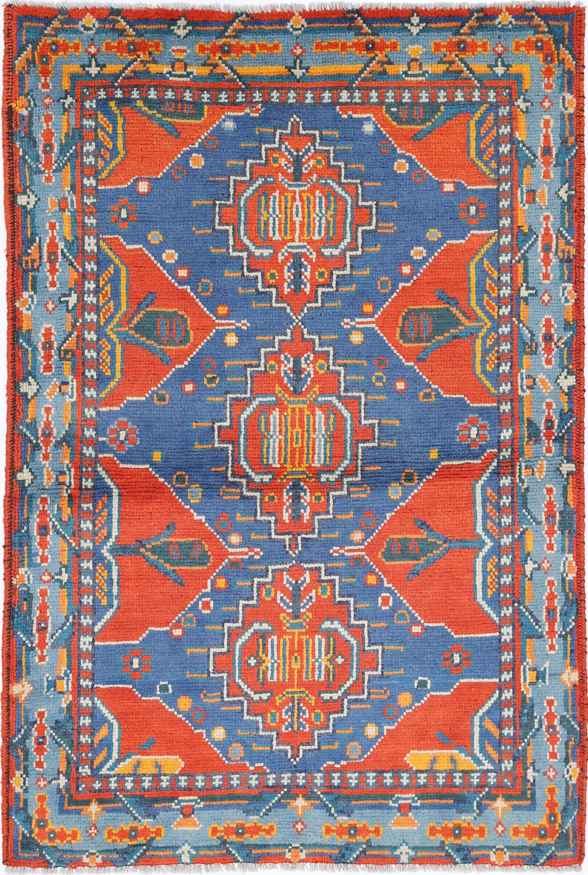 Red Hand-Knotted Tribal Geometric Wool Rug - 3'5" x 5'0"