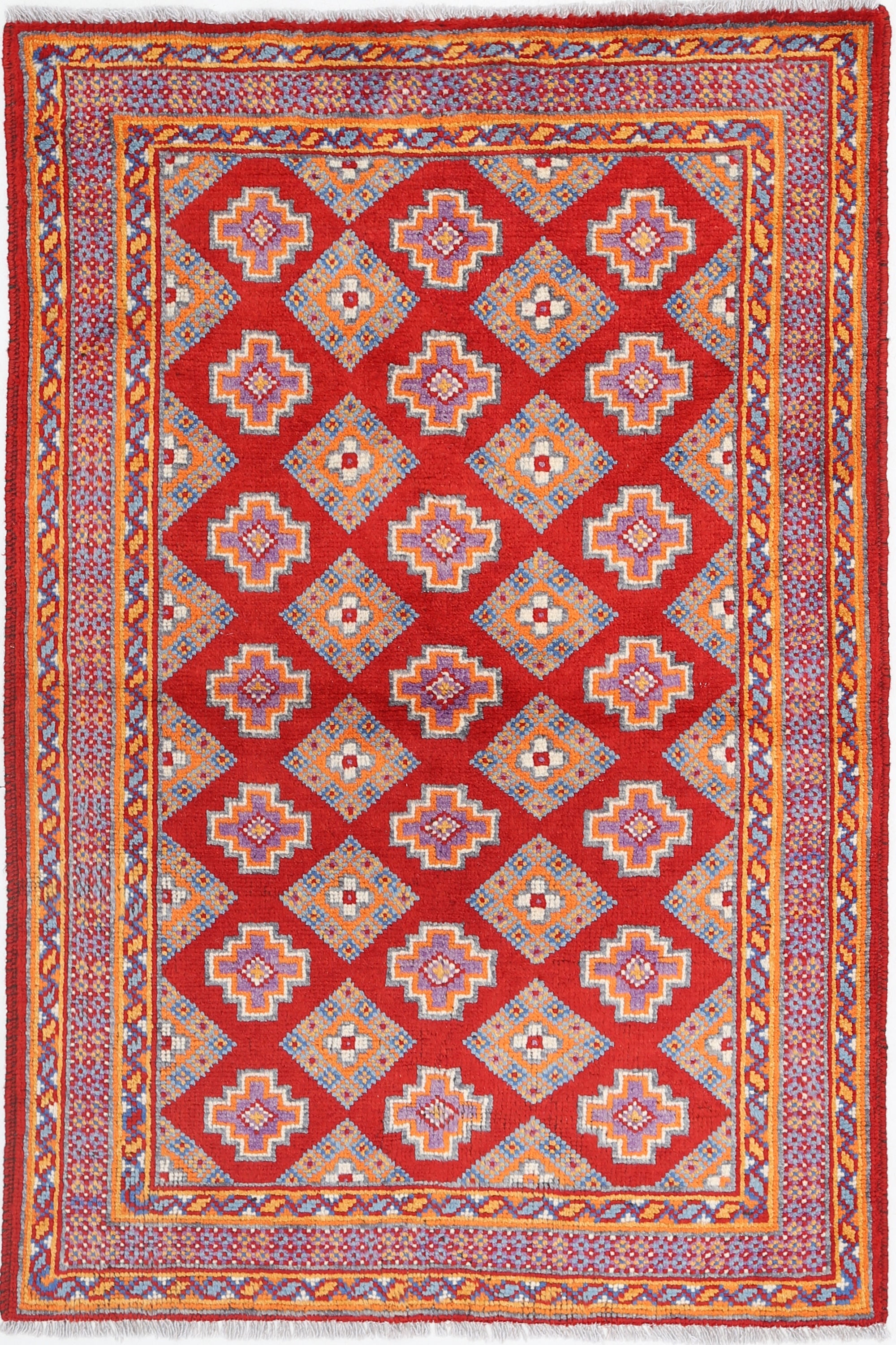 Red Hand-Knotted Tribal Geometric Wool Rug - 3'4" x 5'0"