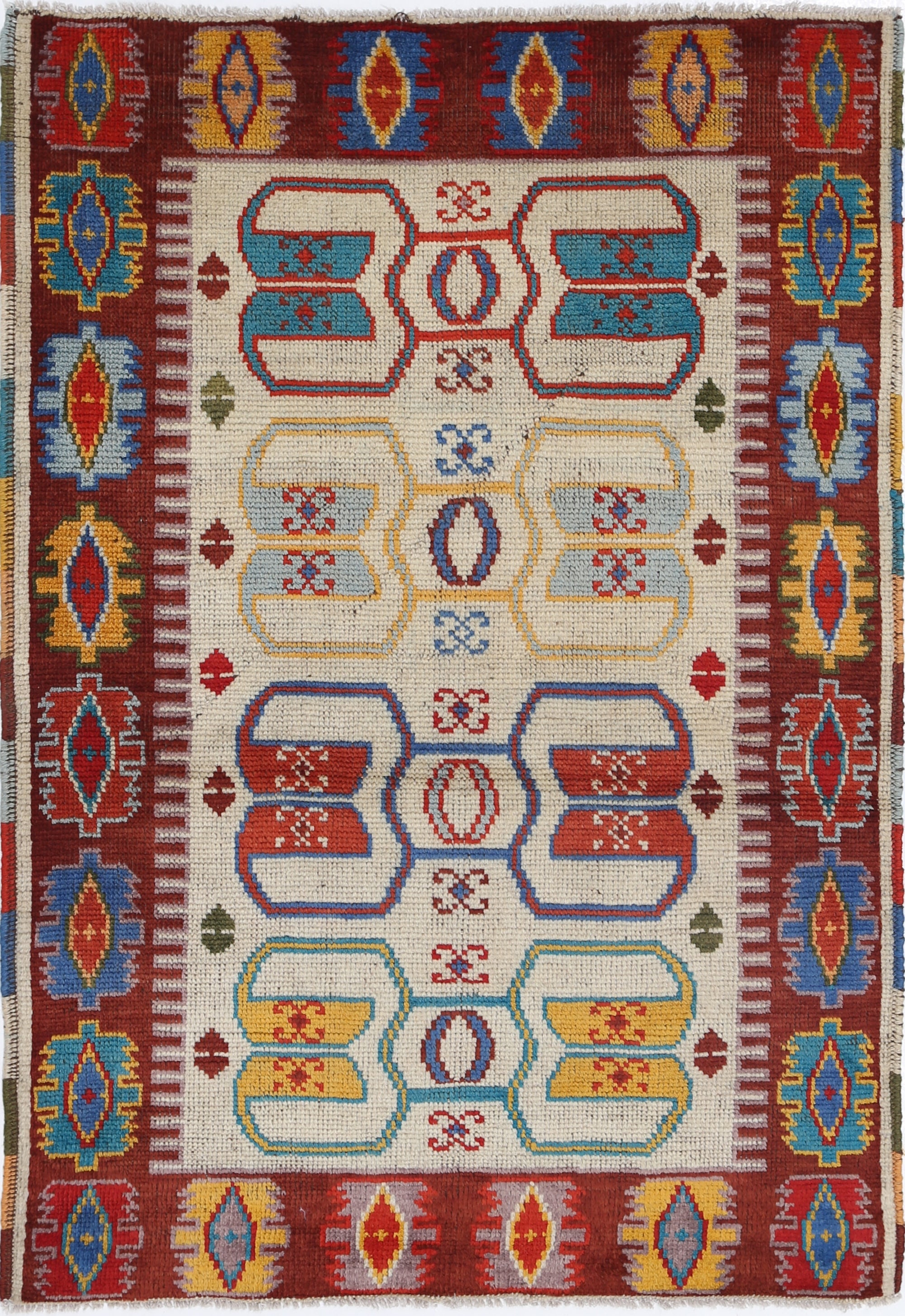 Ivory Hand-Knotted Tribal Geometric Wool Rug - 3'5" x 4'11"