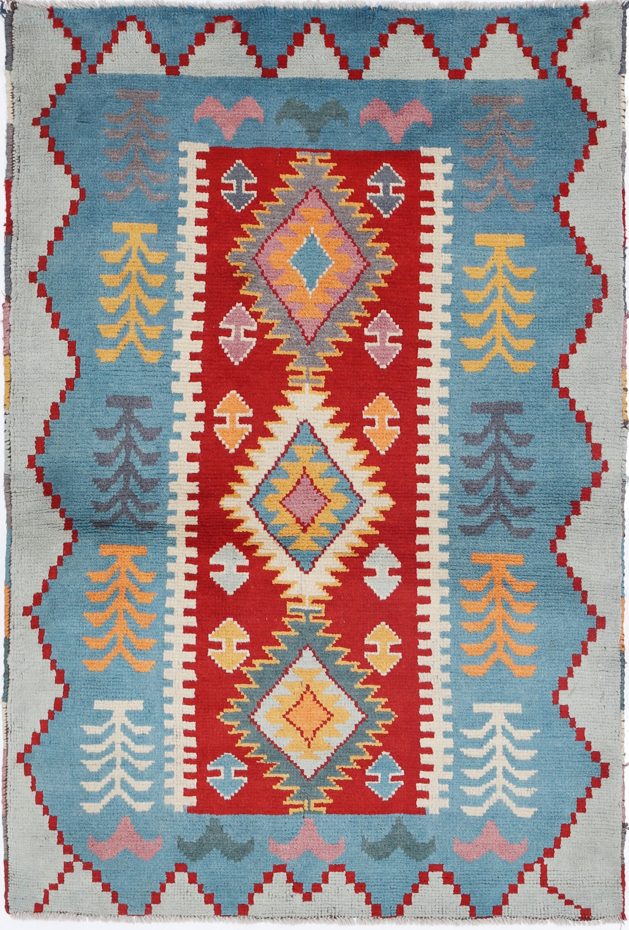Red Hand-Knotted Tribal Geometric Wool Rug - 3'5" x 5'1"