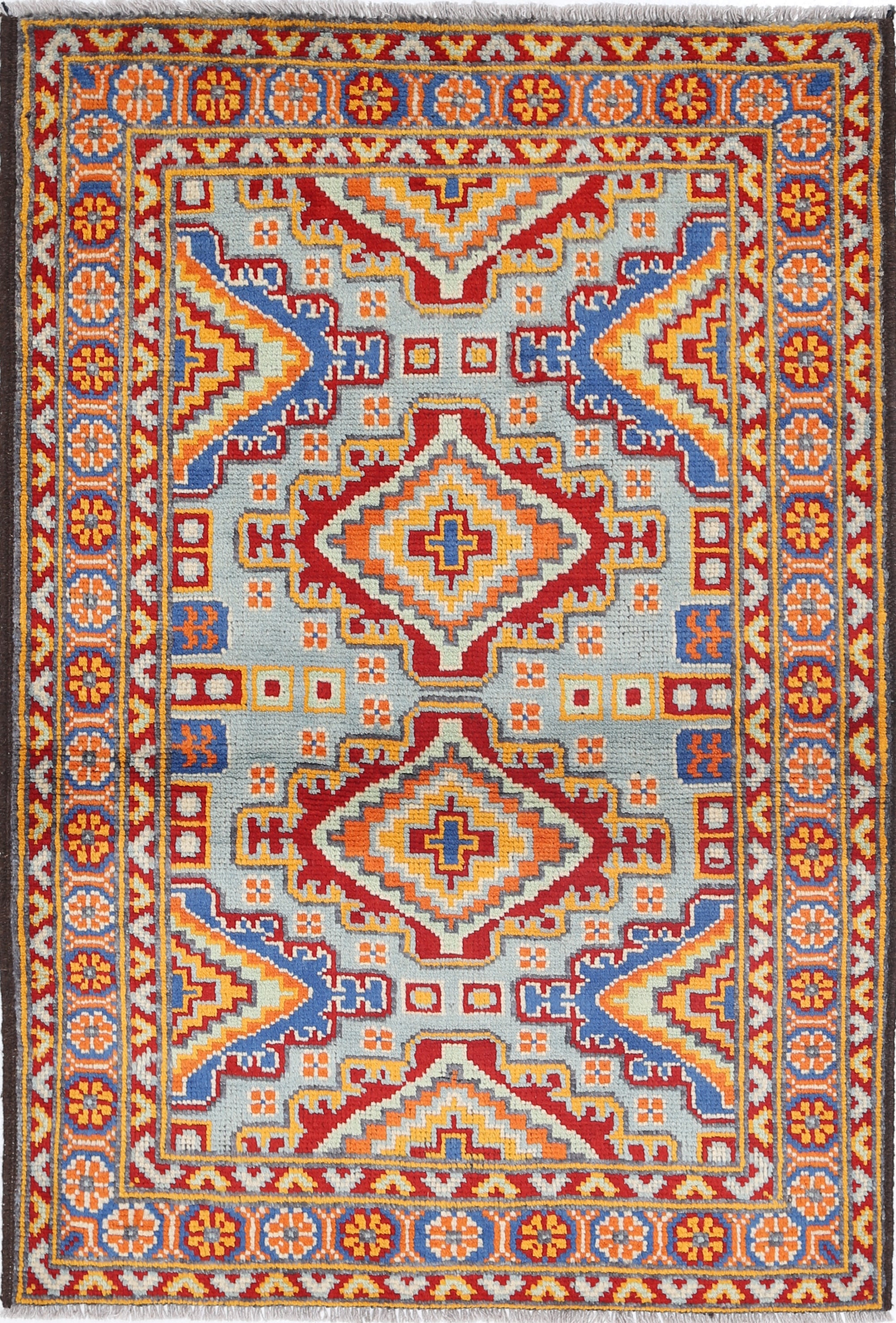 Blue Hand-Knotted Tribal Geometric Wool Rug - 3'4" x 4'11"