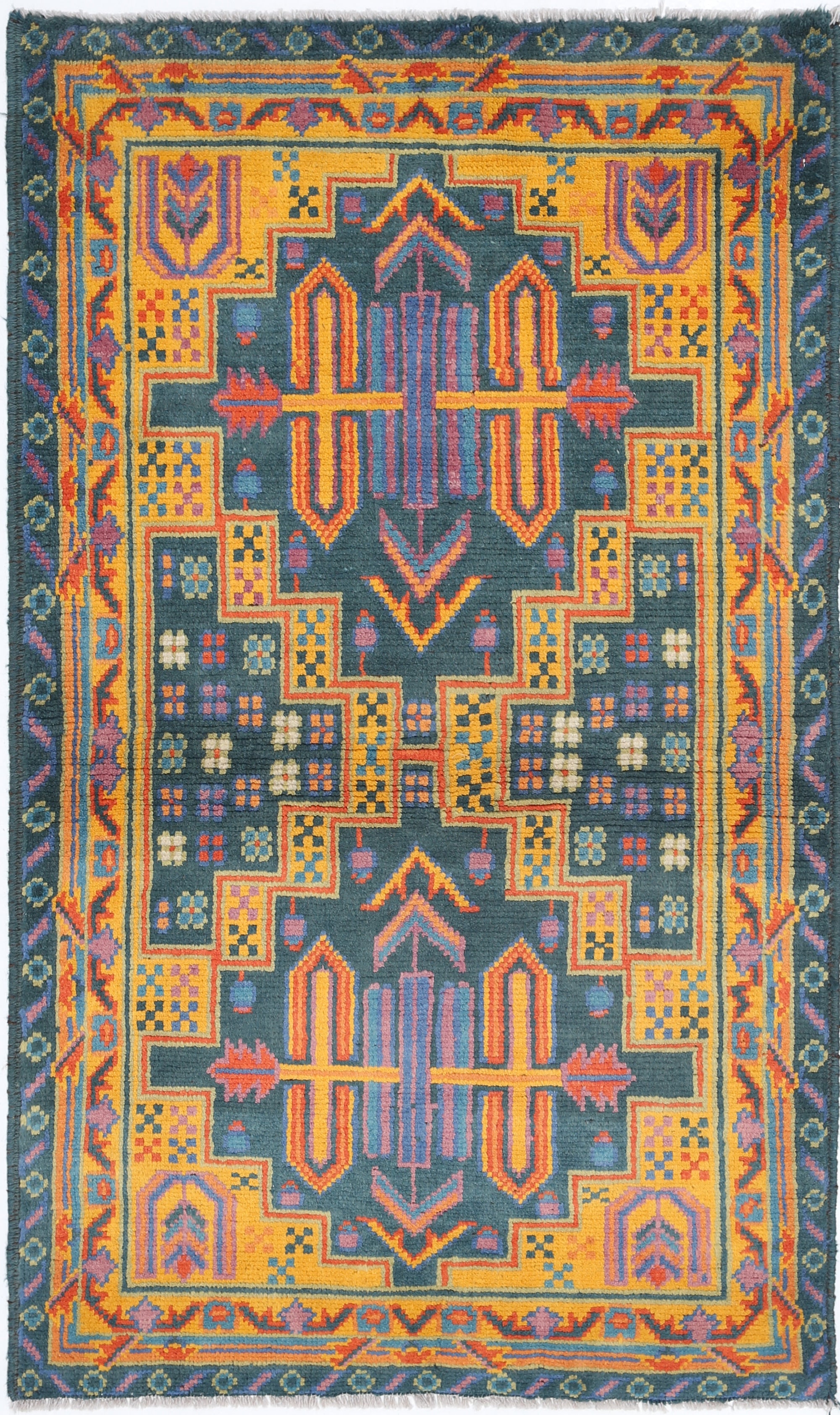 Green Hand-Knotted Tribal Geometric Wool Rug - 3'4" x 5'7"
