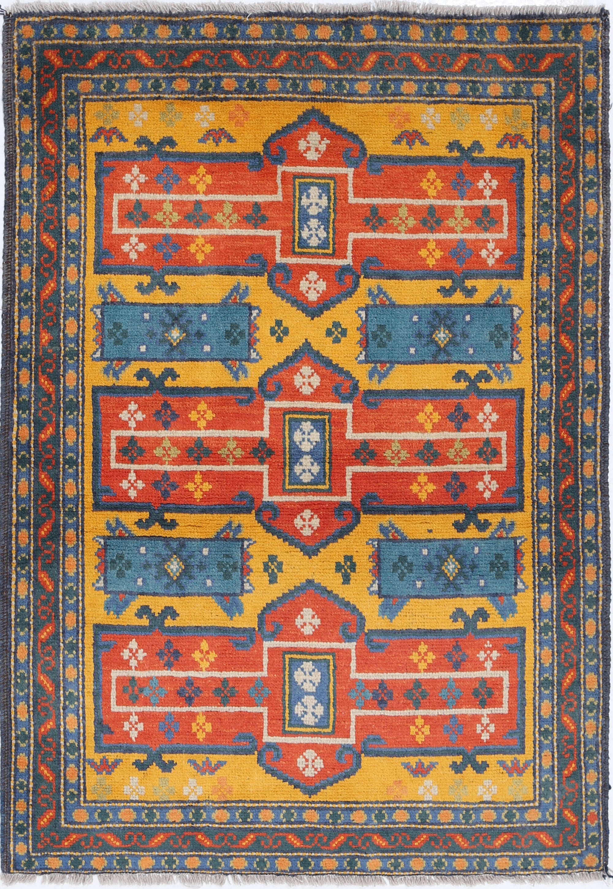 Gold Hand-Knotted Tribal Geometric Wool Rug - 3'3" x 4'8"