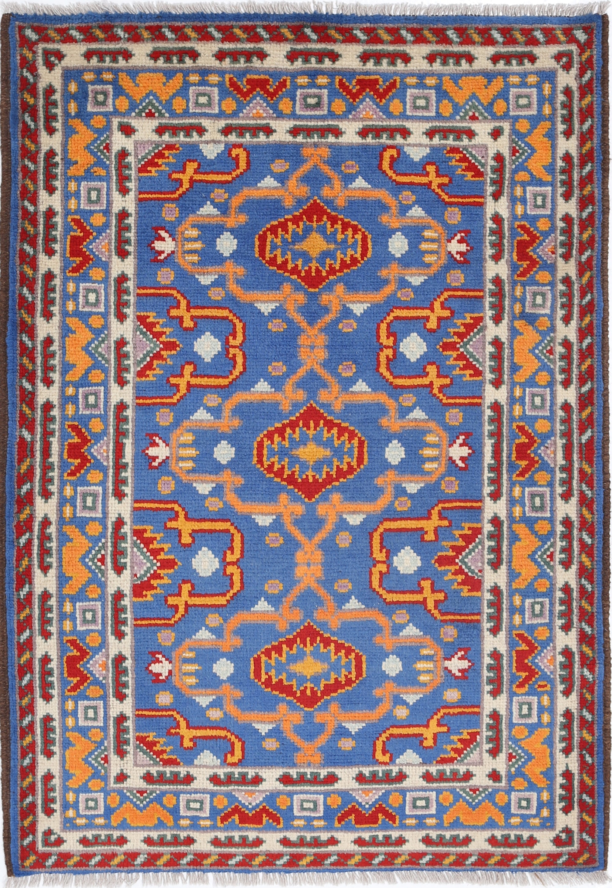 Blue Hand-Knotted Tribal Geometric Wool Rug - 3'5" x 5'0"