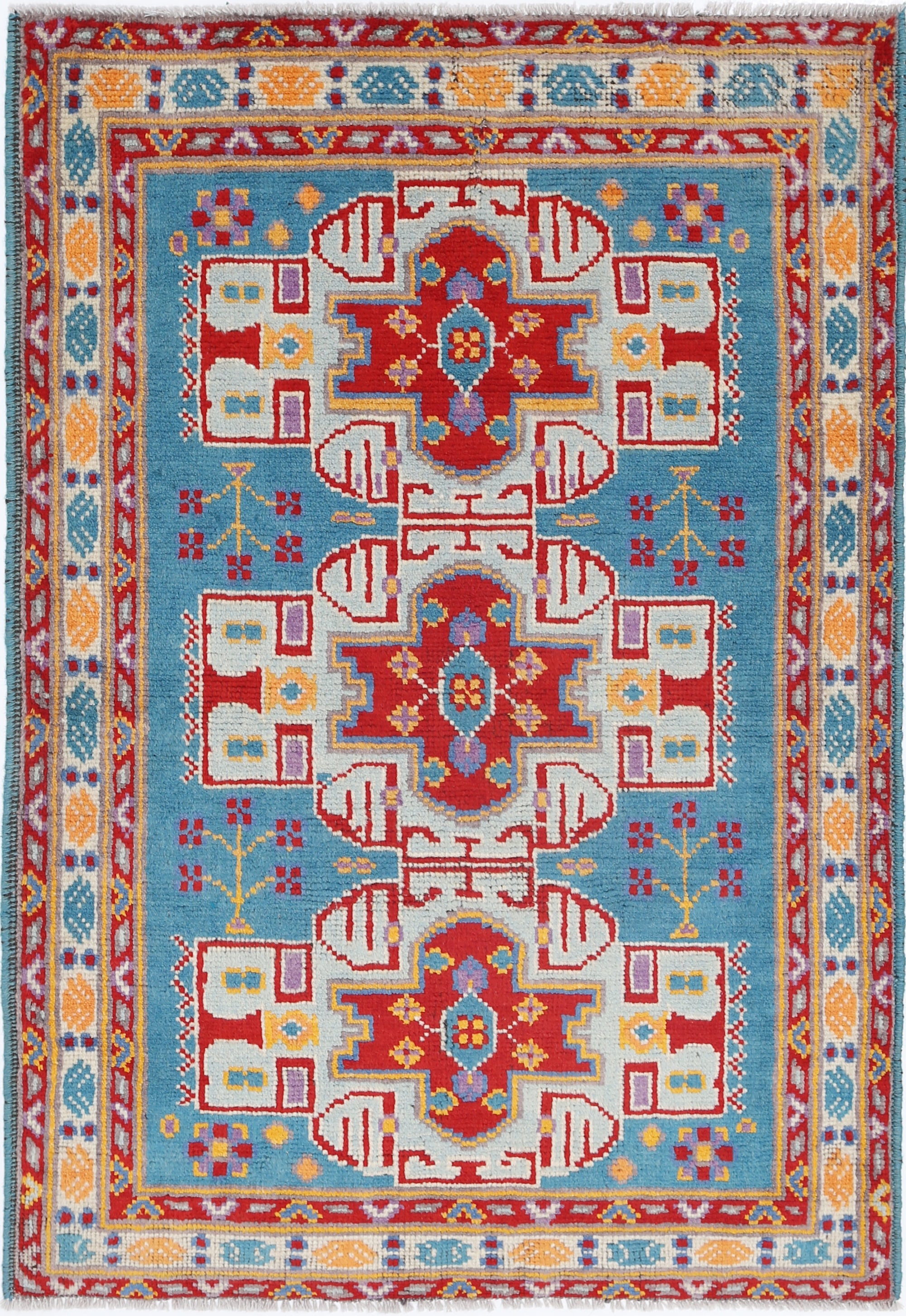 Teal Hand-Knotted Tribal Geometric Wool Rug - 3'4" x 4'10"