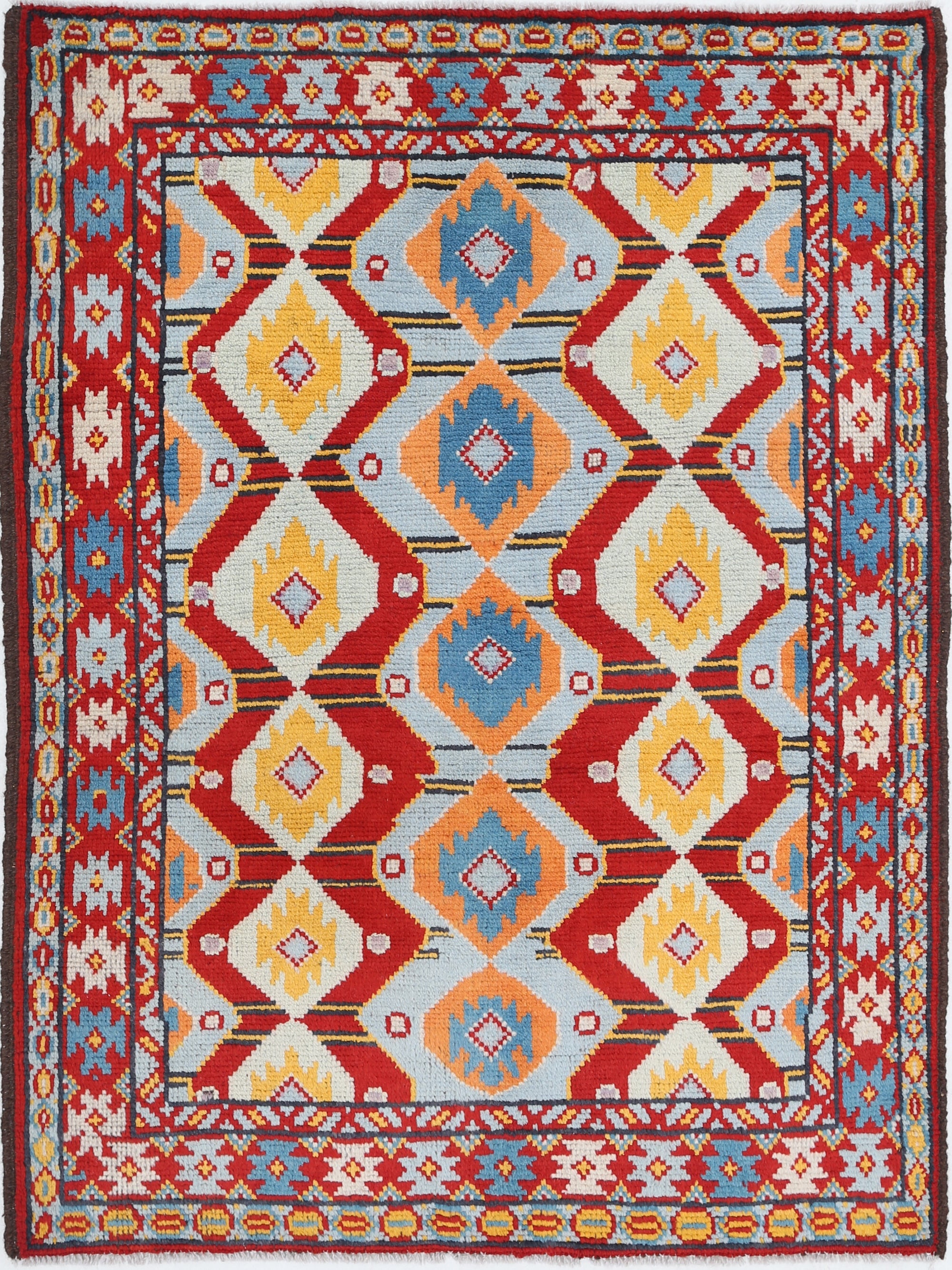 Red Hand-Knotted Tribal Geometric Wool Rug - 3'7" x 5'0"