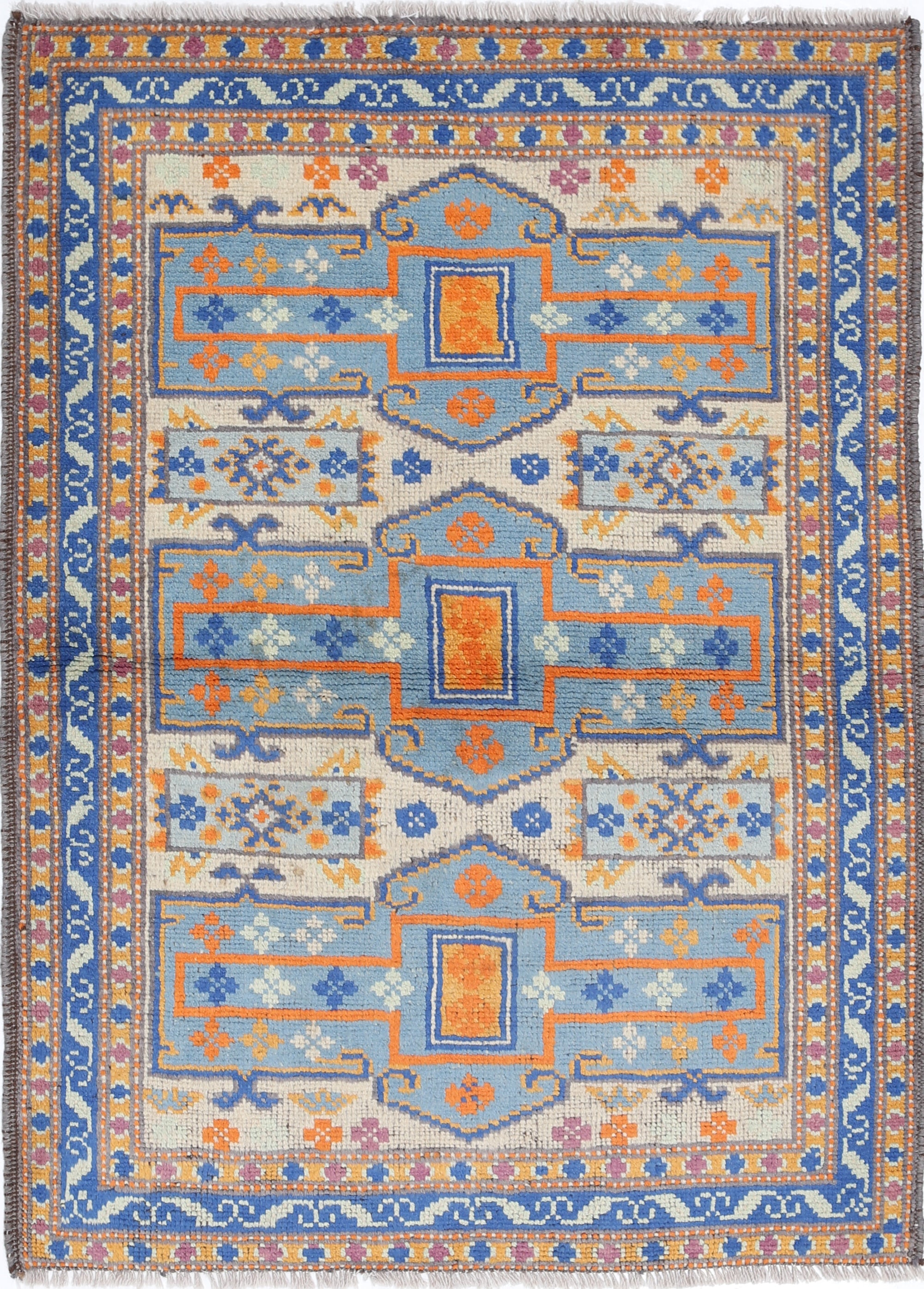 Ivory Hand-Knotted Tribal Geometric Wool Rug - 3'6" x 4'9"