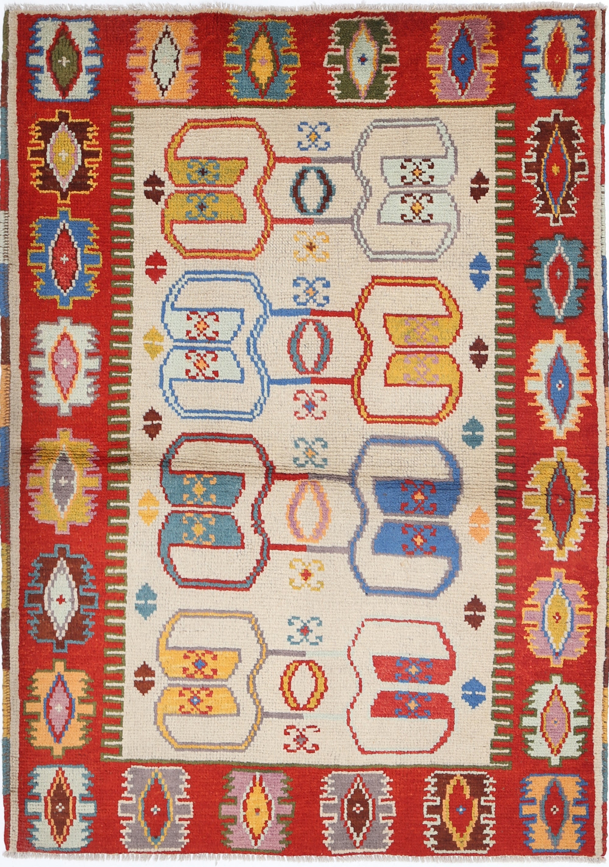 Ivory Hand-Knotted Tribal Geometric Wool Rug - 2'10" x 3'11"