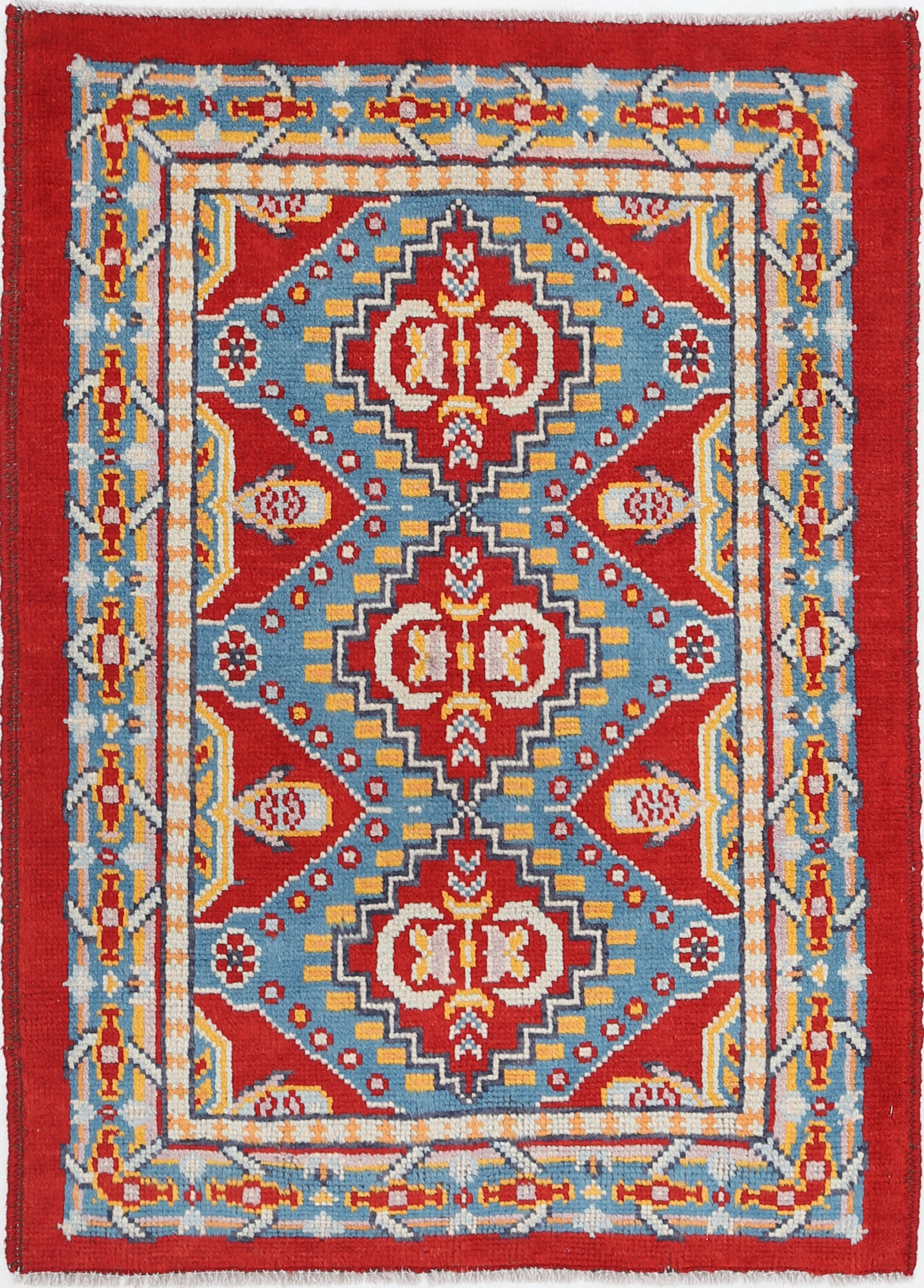 Red Hand-Knotted Tribal Geometric Wool Rug - 2'9" x 3'10"