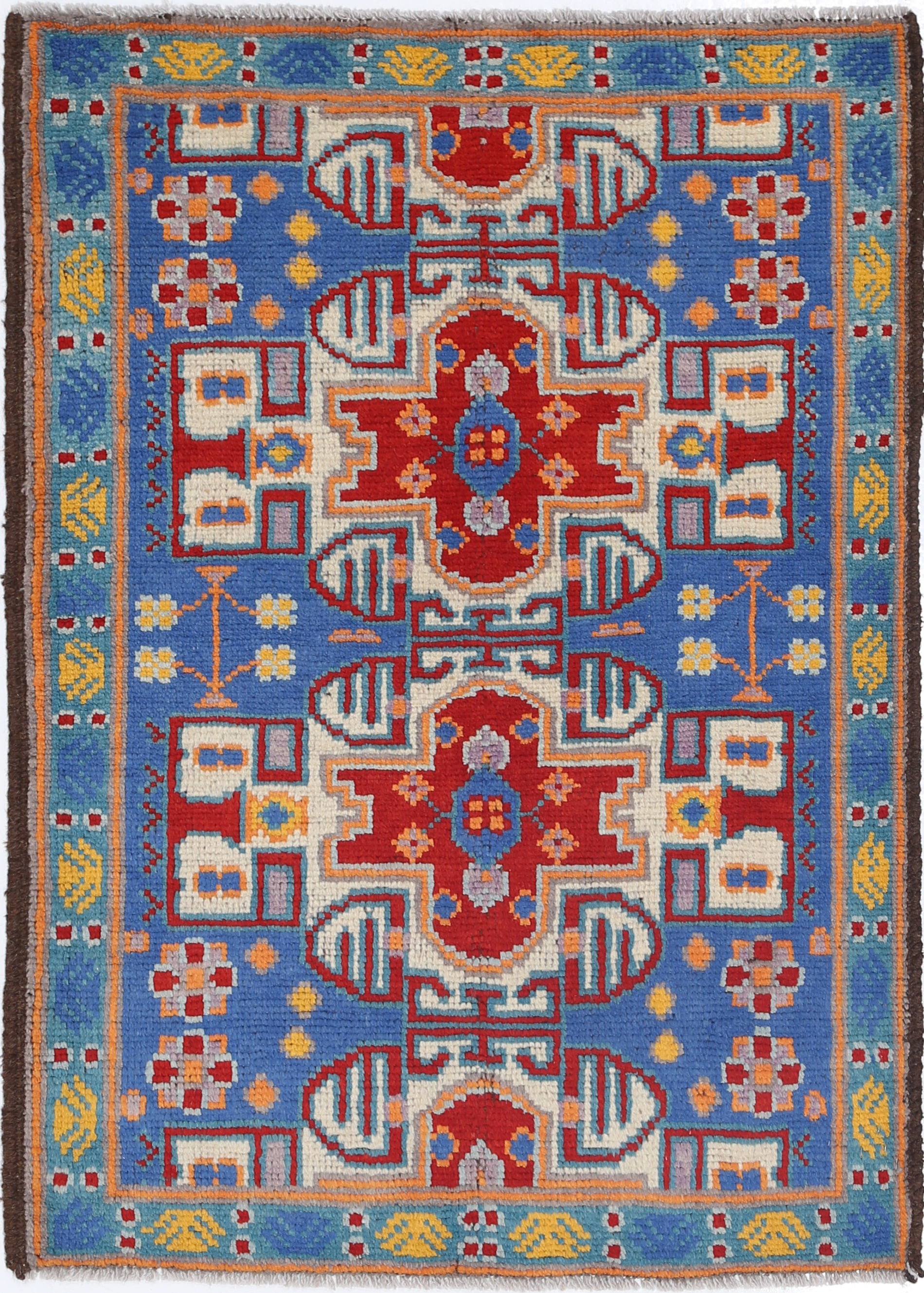 Blue Hand-Knotted Tribal Geometric Wool Rug - 2'10" x 4'0"