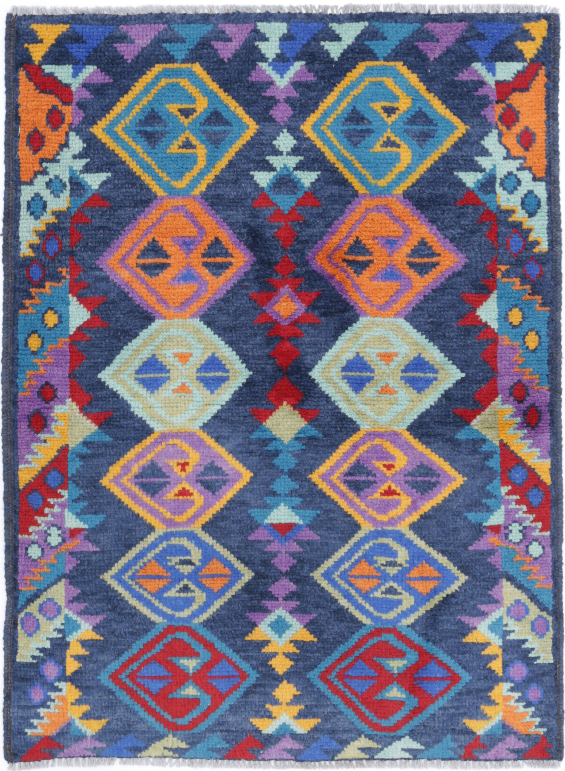 Grey Hand-Knotted Tribal Geometric Wool Rug - 2'9" x 3'10"