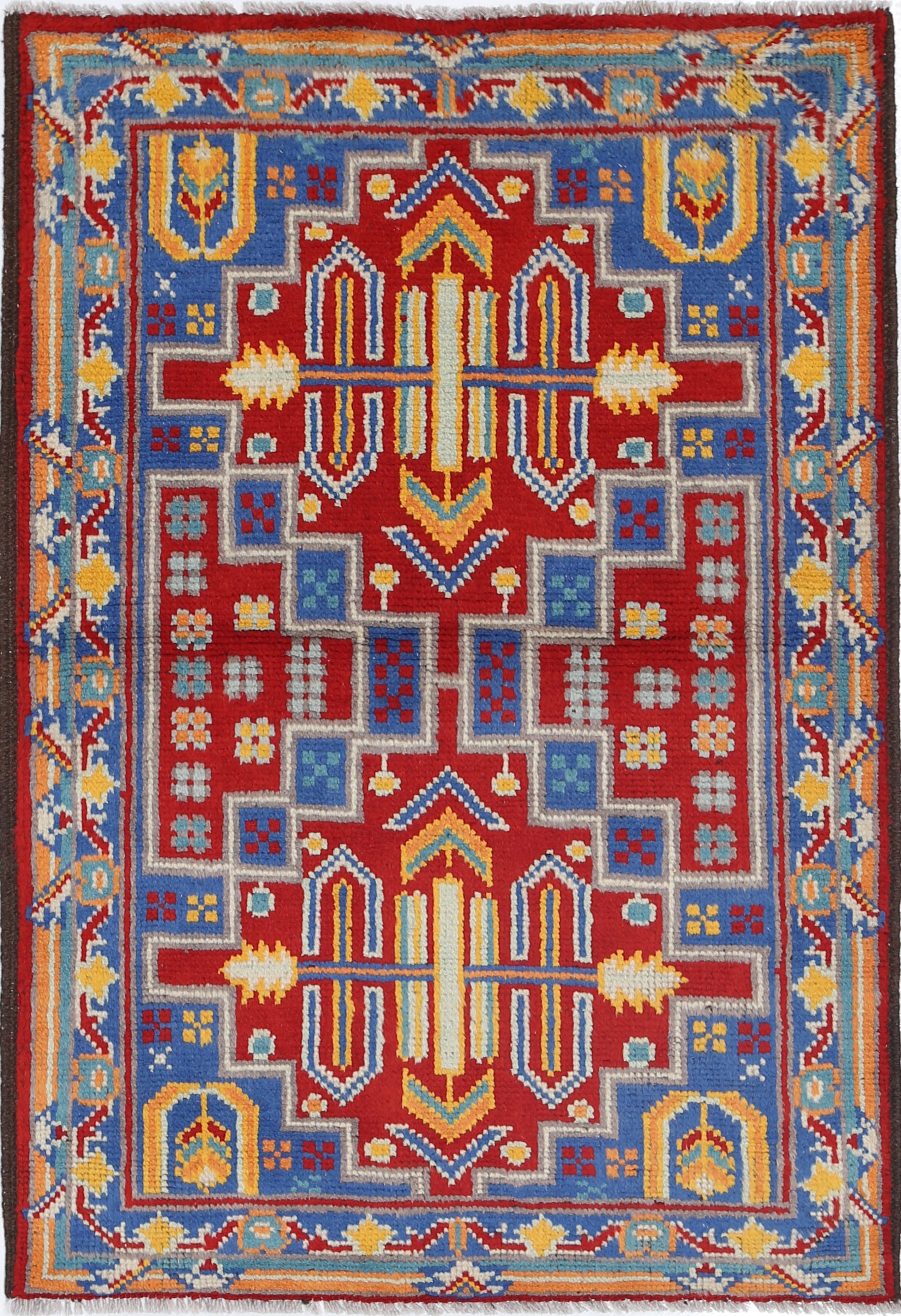 Blue Hand-Knotted Tribal Geometric Wool Rug - 2'7" x 4'0"