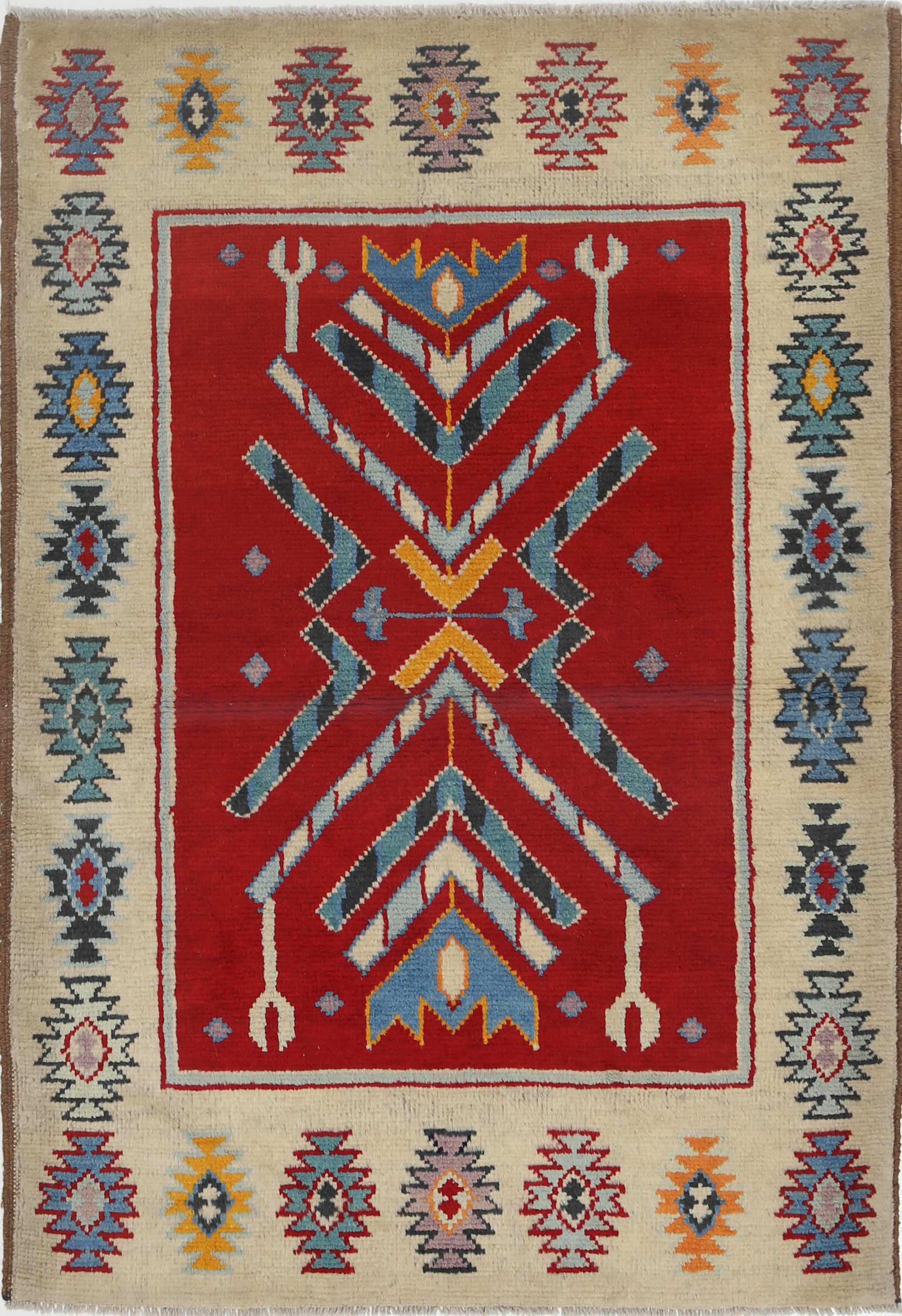 Red Hand-Knotted Tribal Geometric Wool Rug - 3'5" x 4'11"