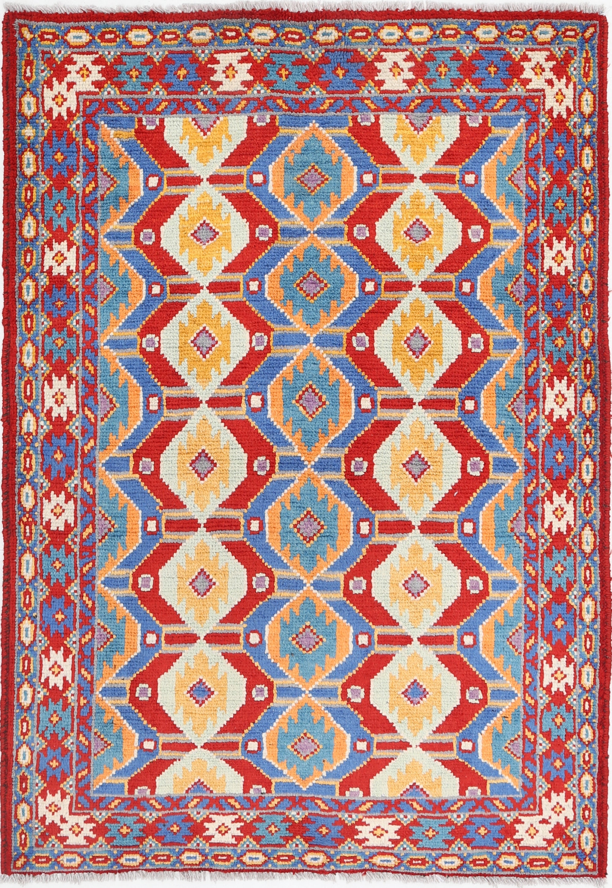 Red Hand-Knotted Tribal Geometric Wool Rug - 3'5" x 4'11"
