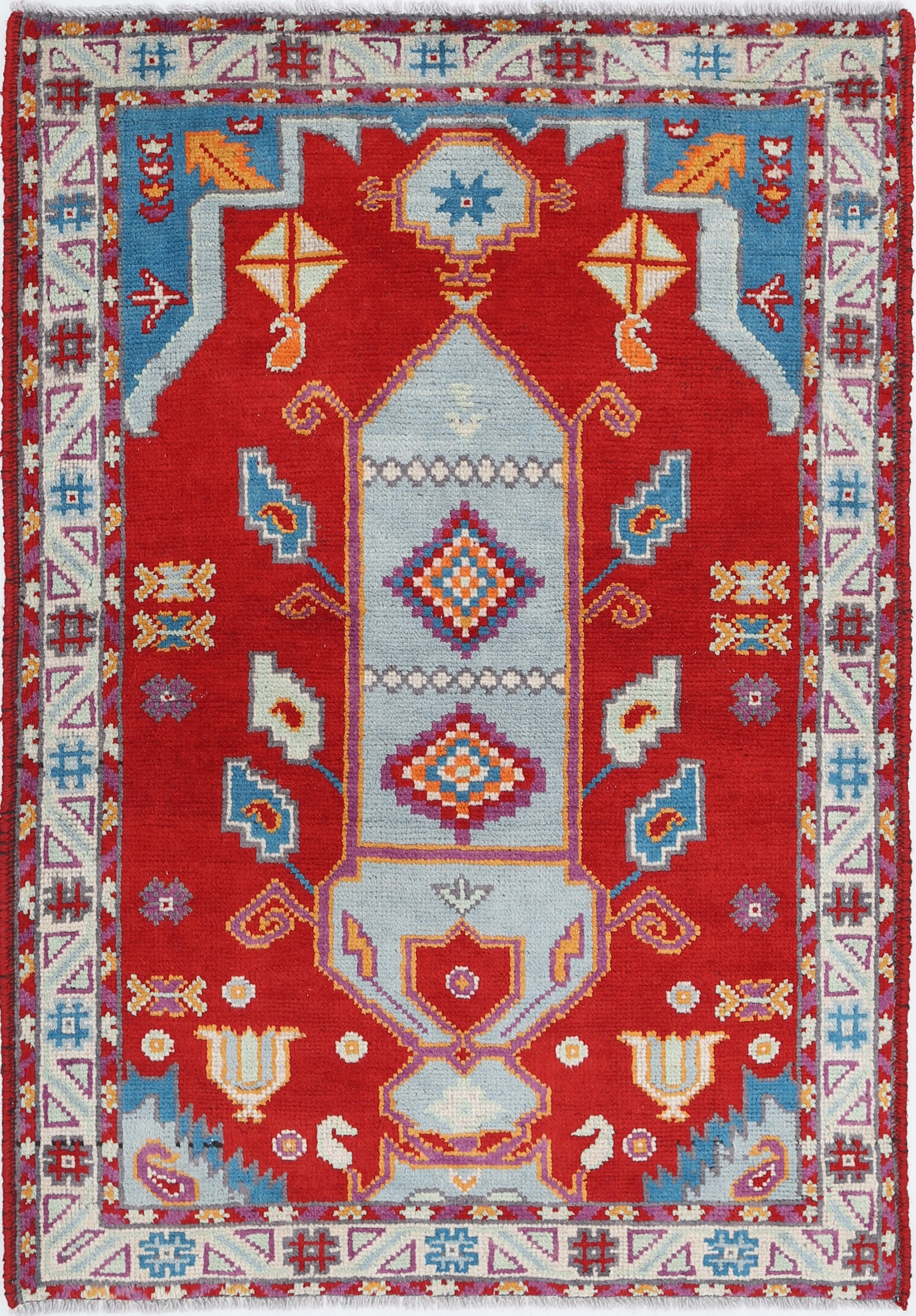 Red Hand-Knotted Tribal Geometric Wool Rug - 3'4" x 4'10"