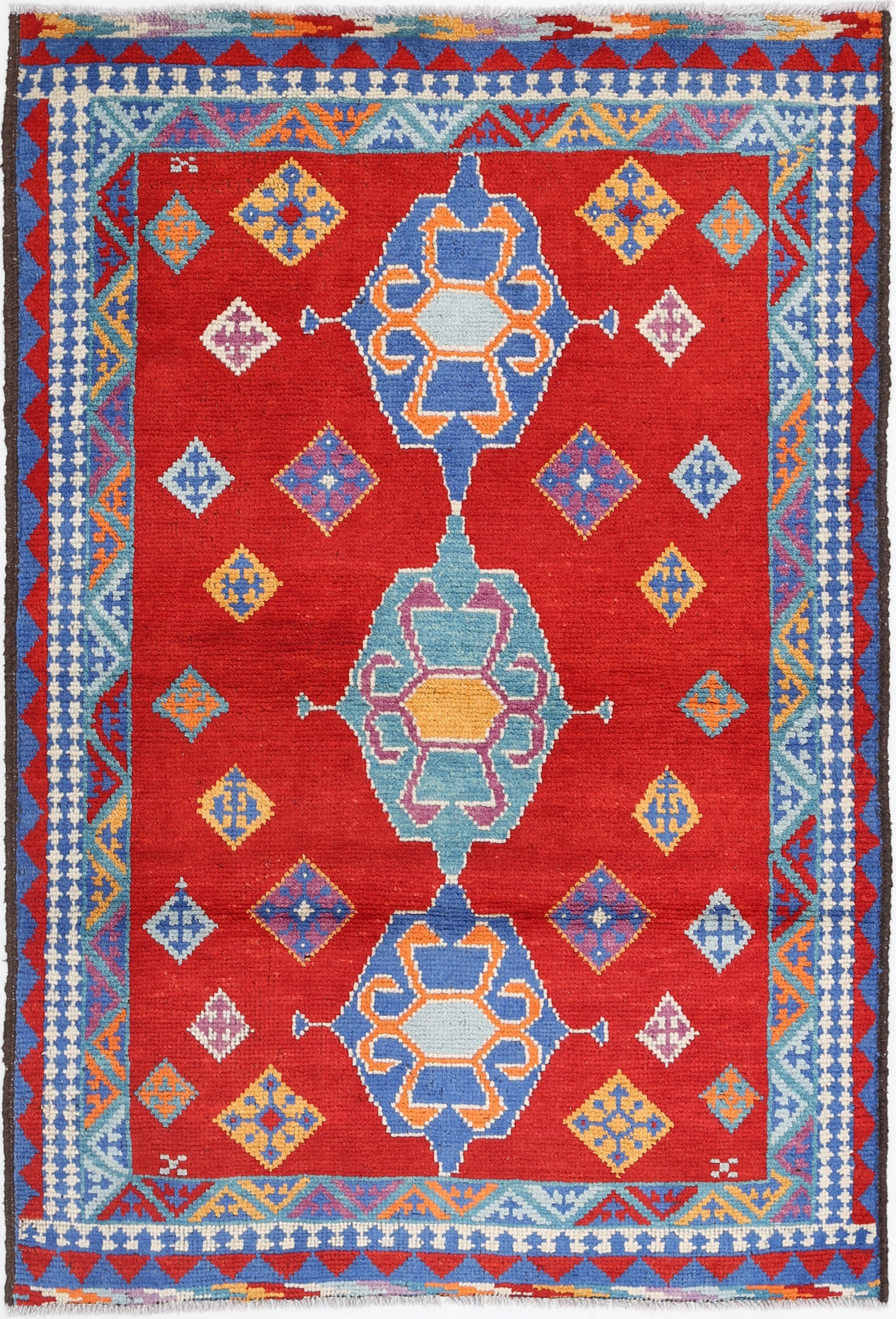 Red Hand-Knotted Tribal Geometric Wool Rug - 3'5" x 5'1"