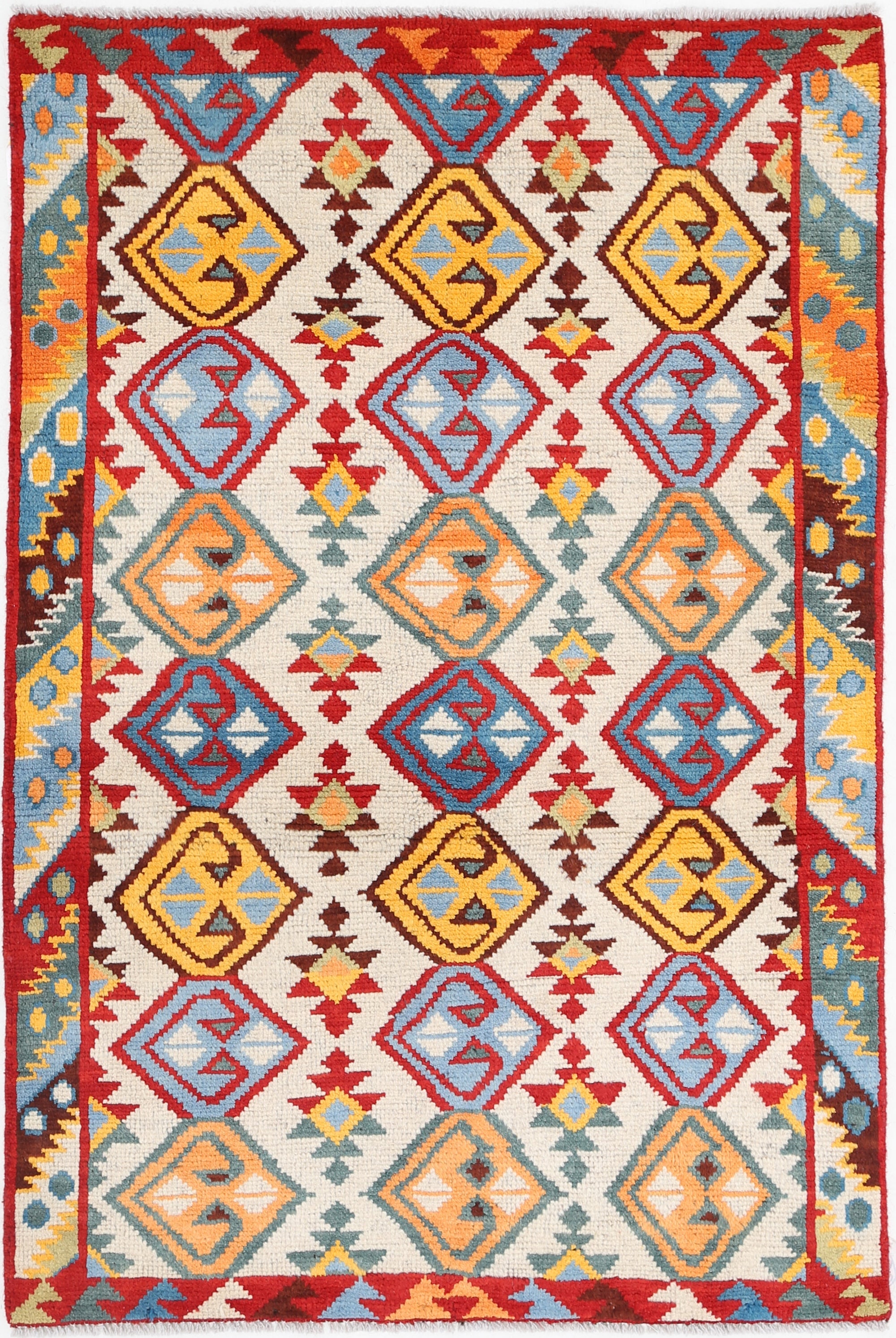 Ivory Hand-Knotted Tribal Geometric Wool Rug - 3'4" x 5'0"