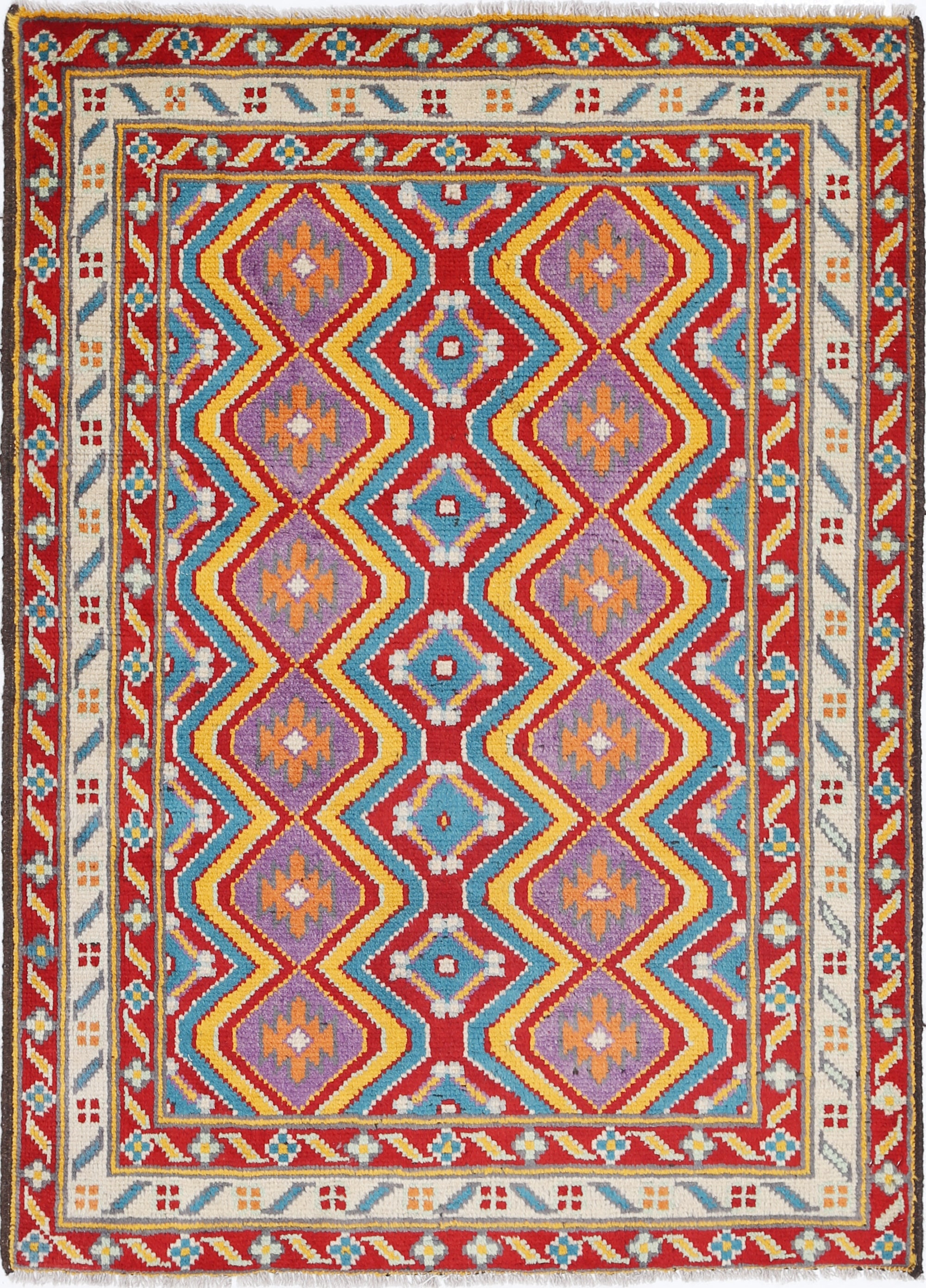 Red Hand-Knotted Tribal Geometric Wool Rug - 3'3" x 4'7"