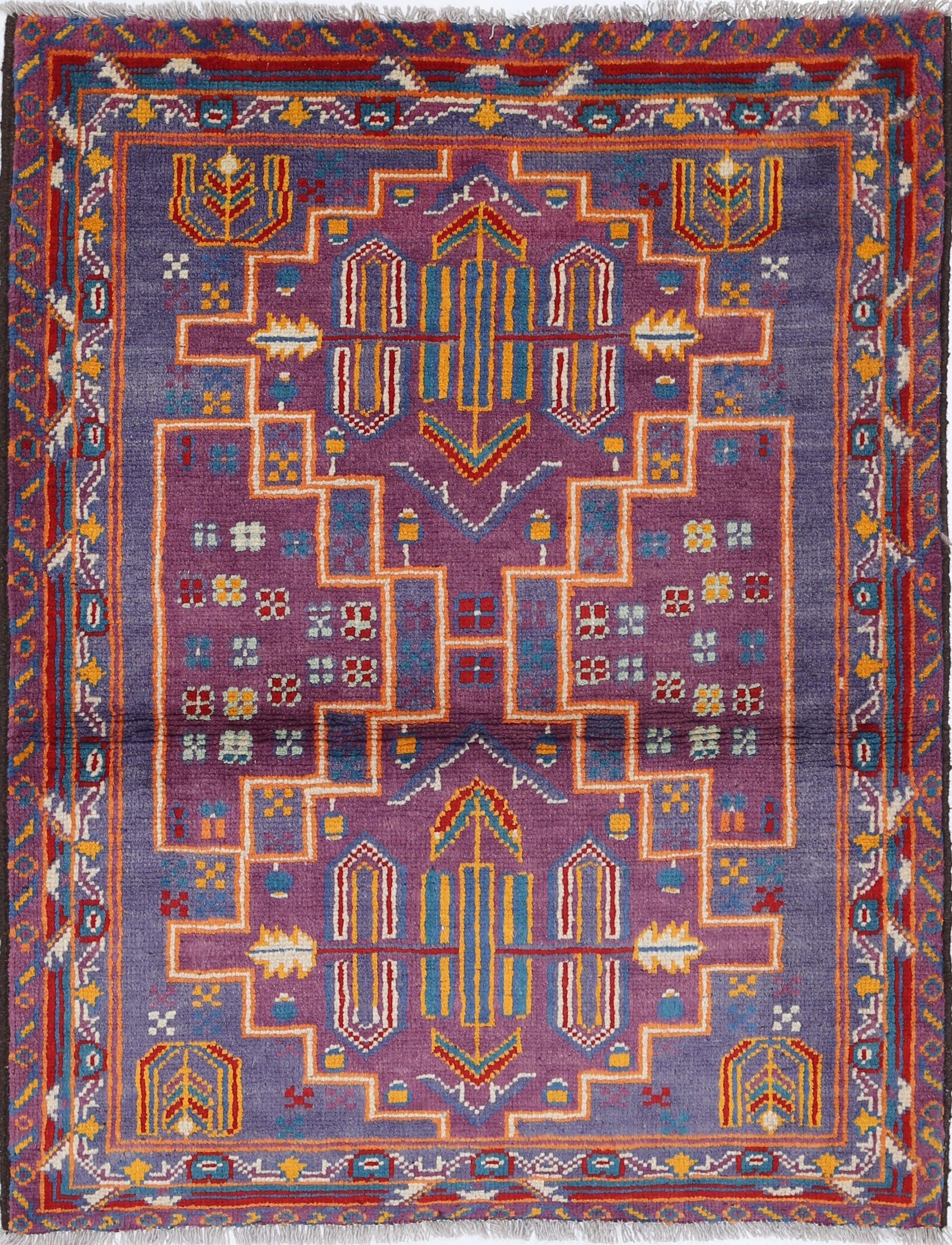 Purple Hand-Knotted Tribal Geometric Wool Rug - 3'5" x 4'5"
