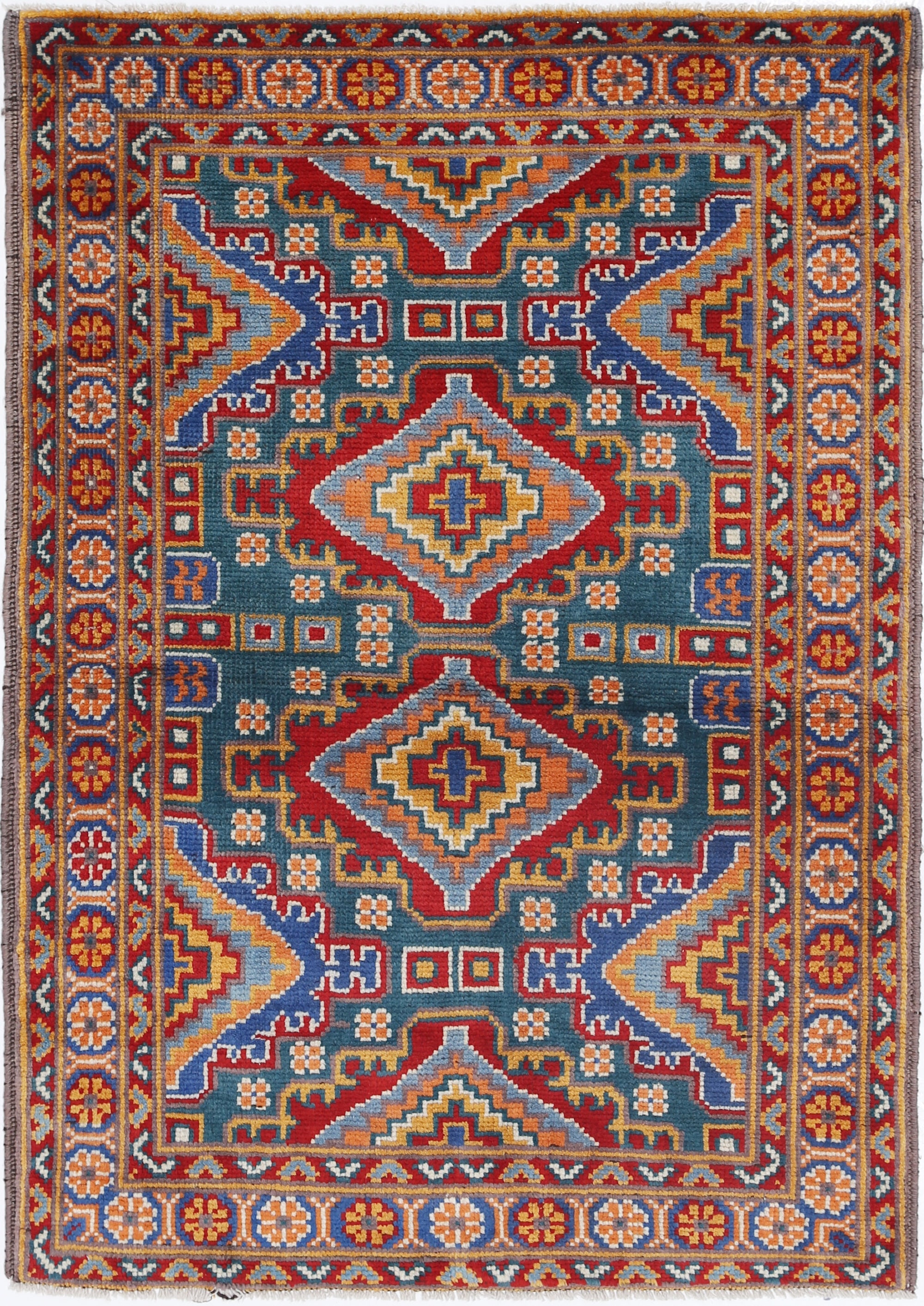 Teal Hand-Knotted Tribal Geometric Wool Rug - 3'5" x 4'9"