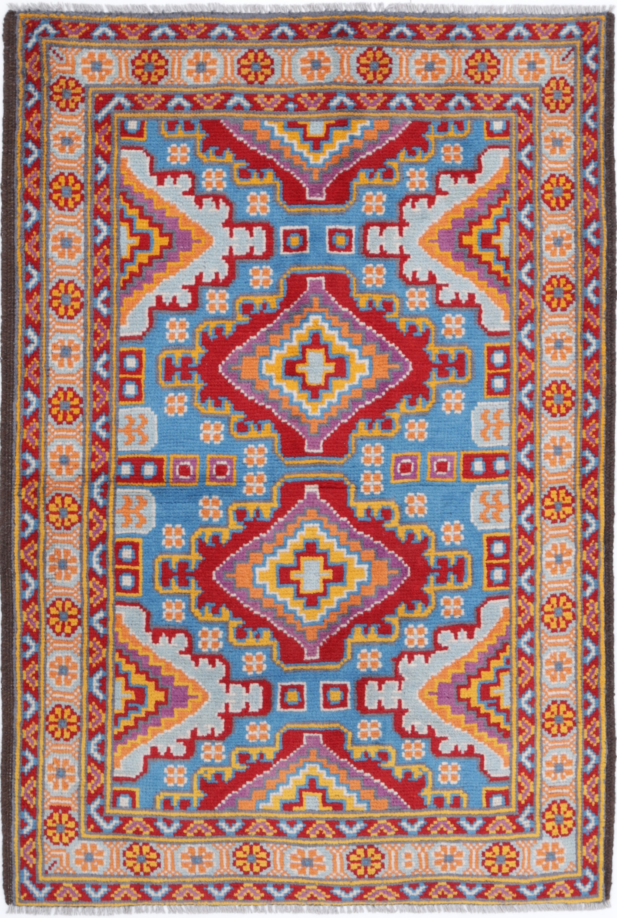 Teal Hand-Knotted Tribal Geometric Wool Rug - 3'1" x 4'9"