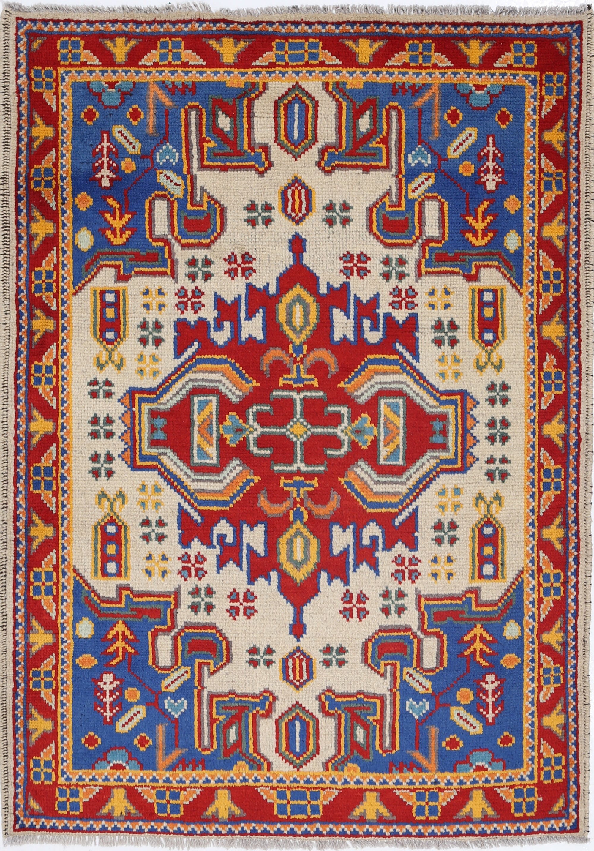 Ivory Hand-Knotted Tribal Geometric Wool Rug - 3'5" x 4'9"