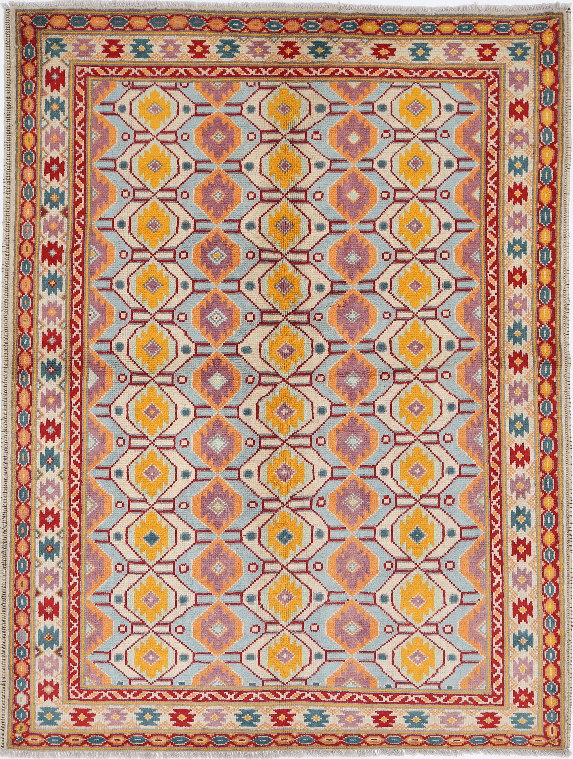 Ivory Hand-Knotted Tribal Geometric Wool Rug - 5'0" x 6'8"