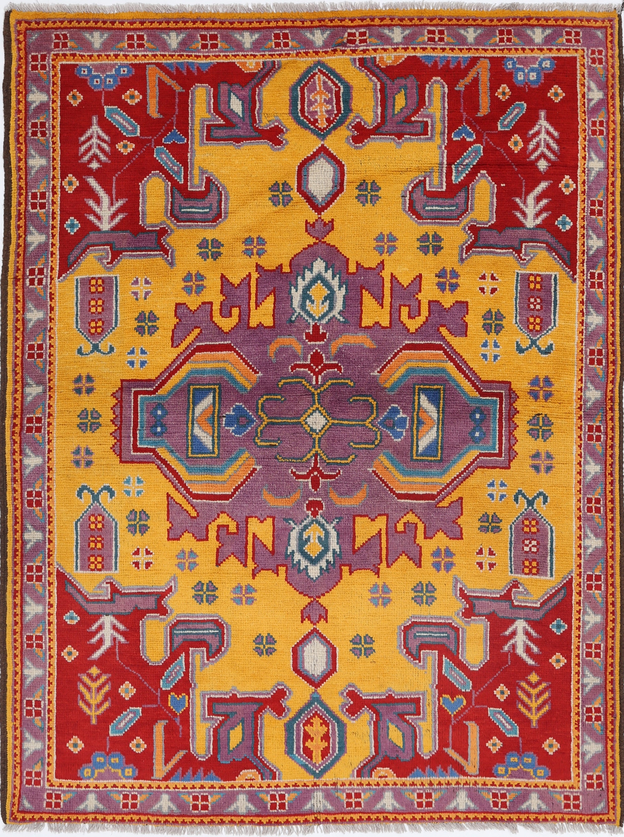 Gold Hand-Knotted Tribal Geometric Wool Rug - 4'11" x 6'6"