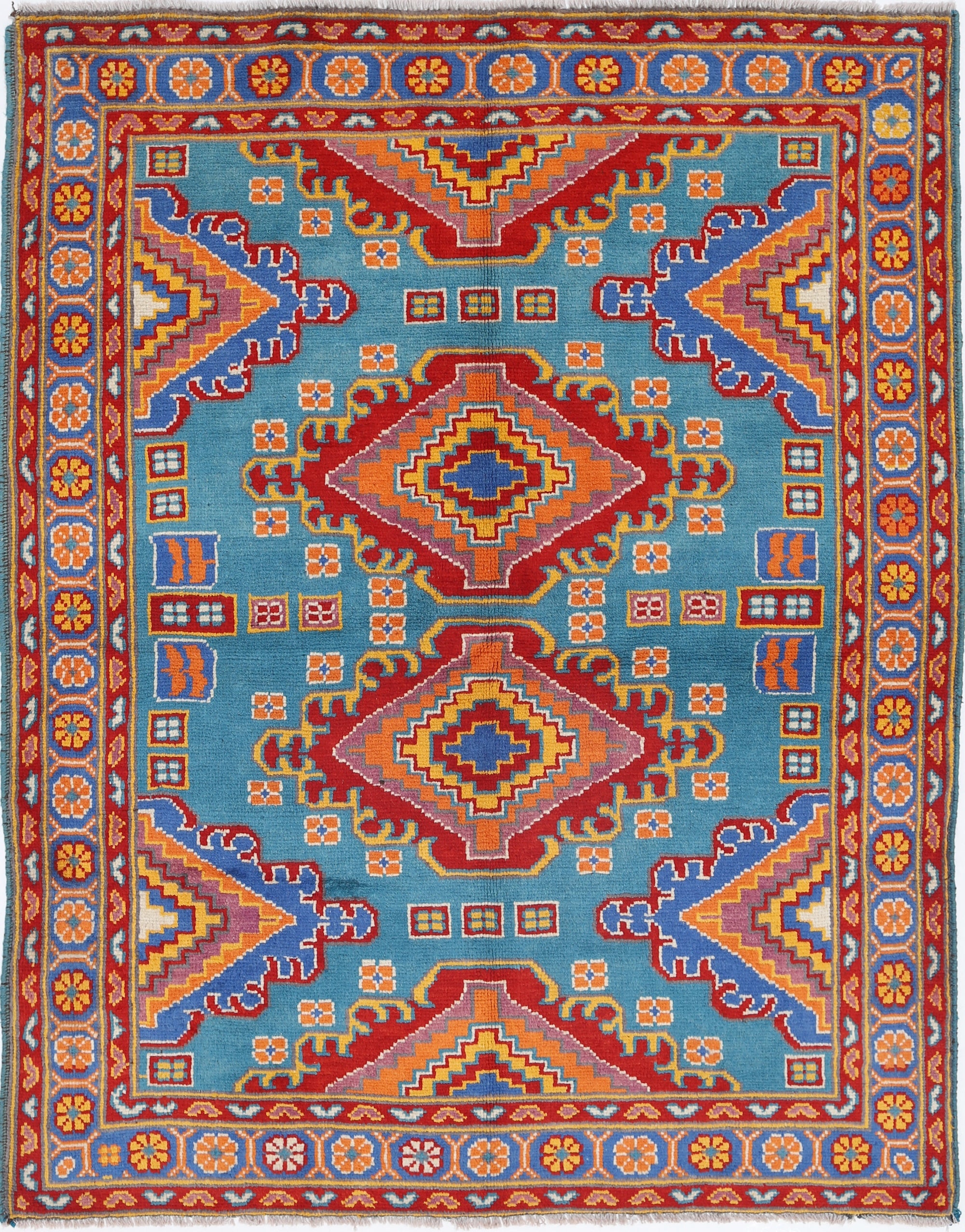 Teal Hand-Knotted Tribal Geometric Wool Rug - 5'0" x 6'6"