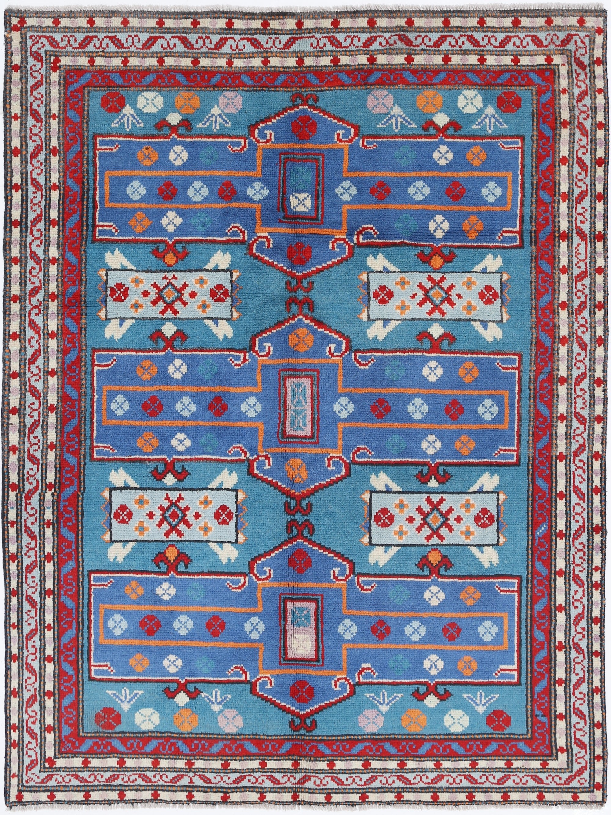 Blue Hand-Knotted Tribal Geometric Wool Rug - 4'10" x 6'5"