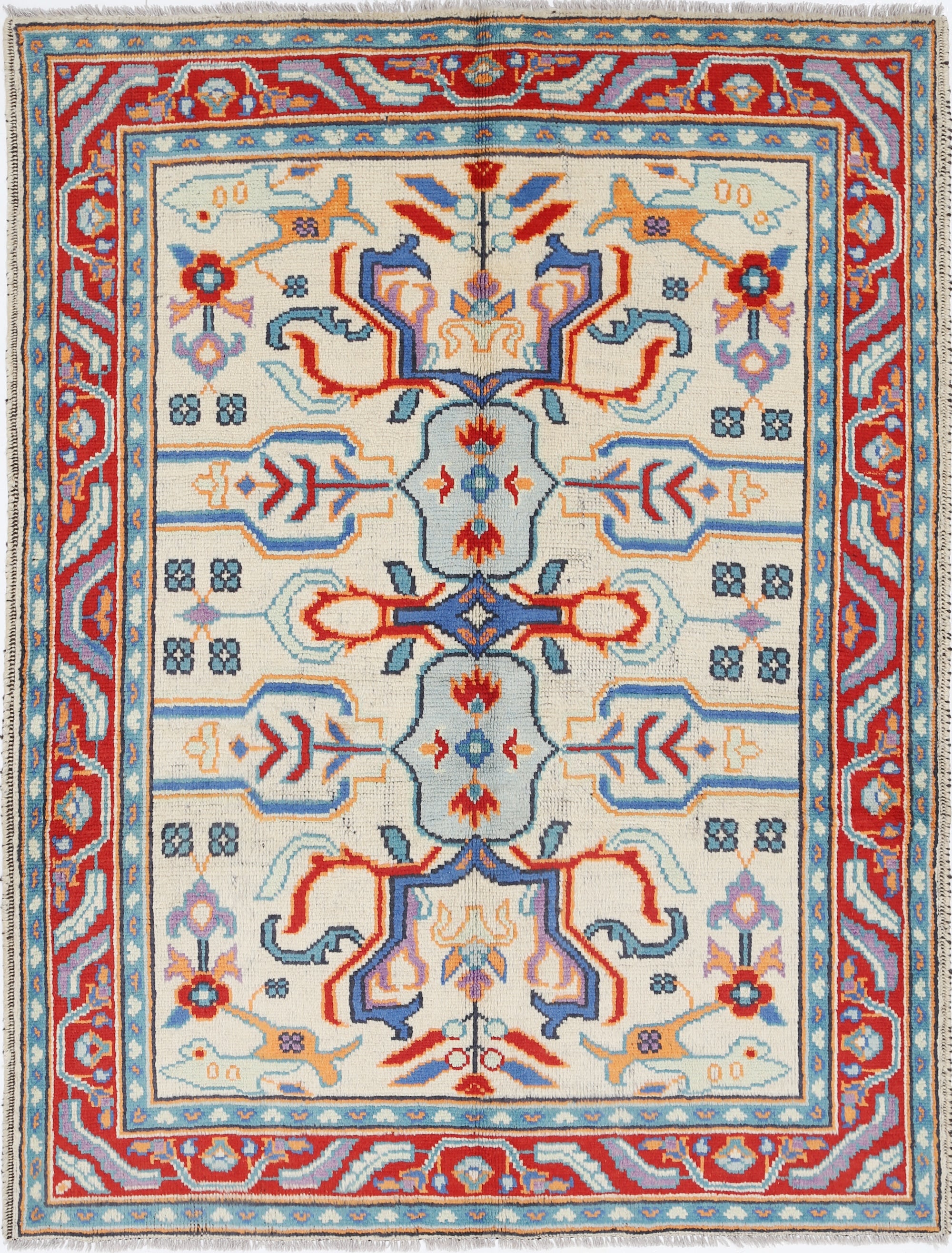 Ivory Hand-Knotted Tribal Geometric Wool Rug - 5'0" x 6'9"