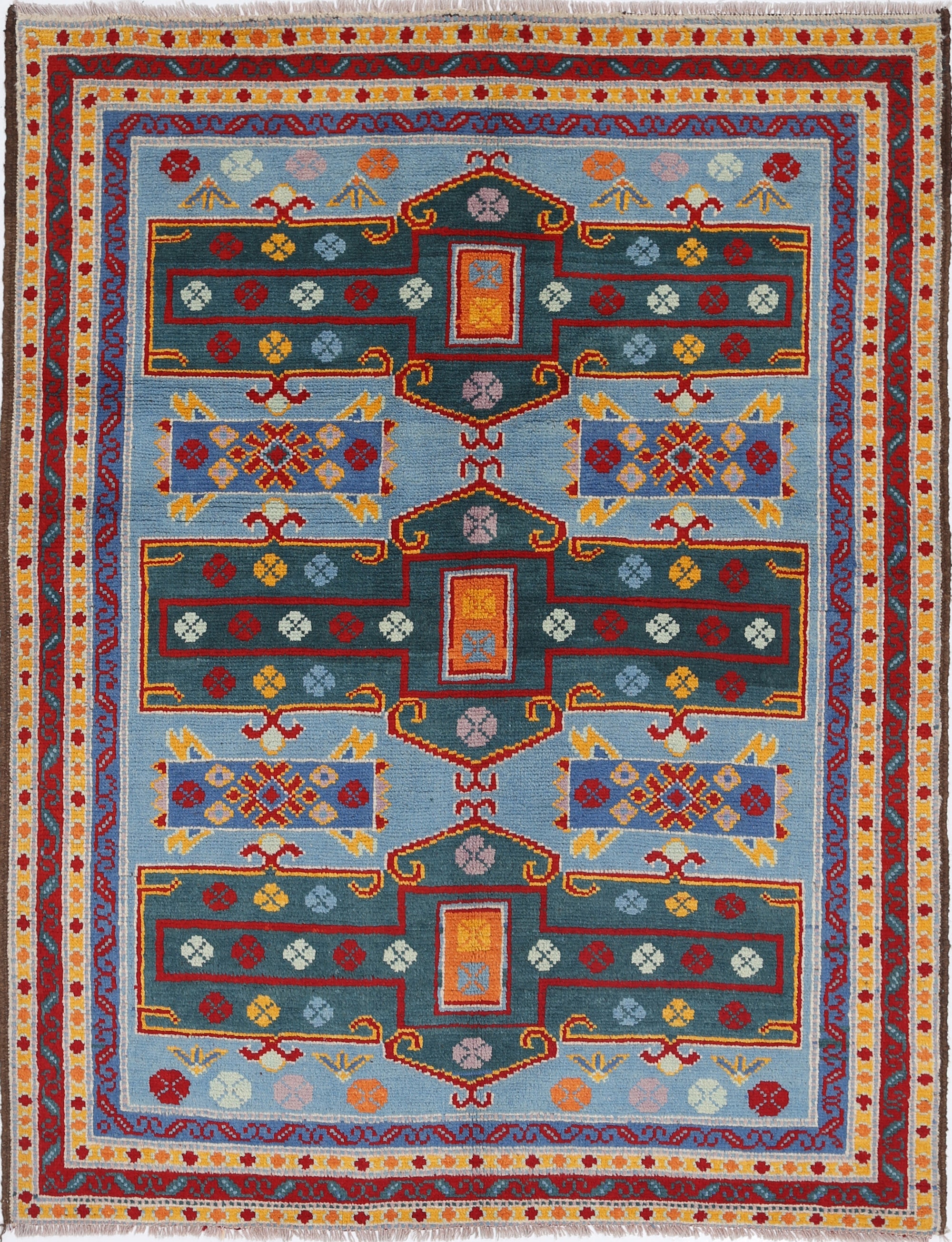 Blue Hand-Knotted Tribal Geometric Wool Rug - 4'10" x 6'4"
