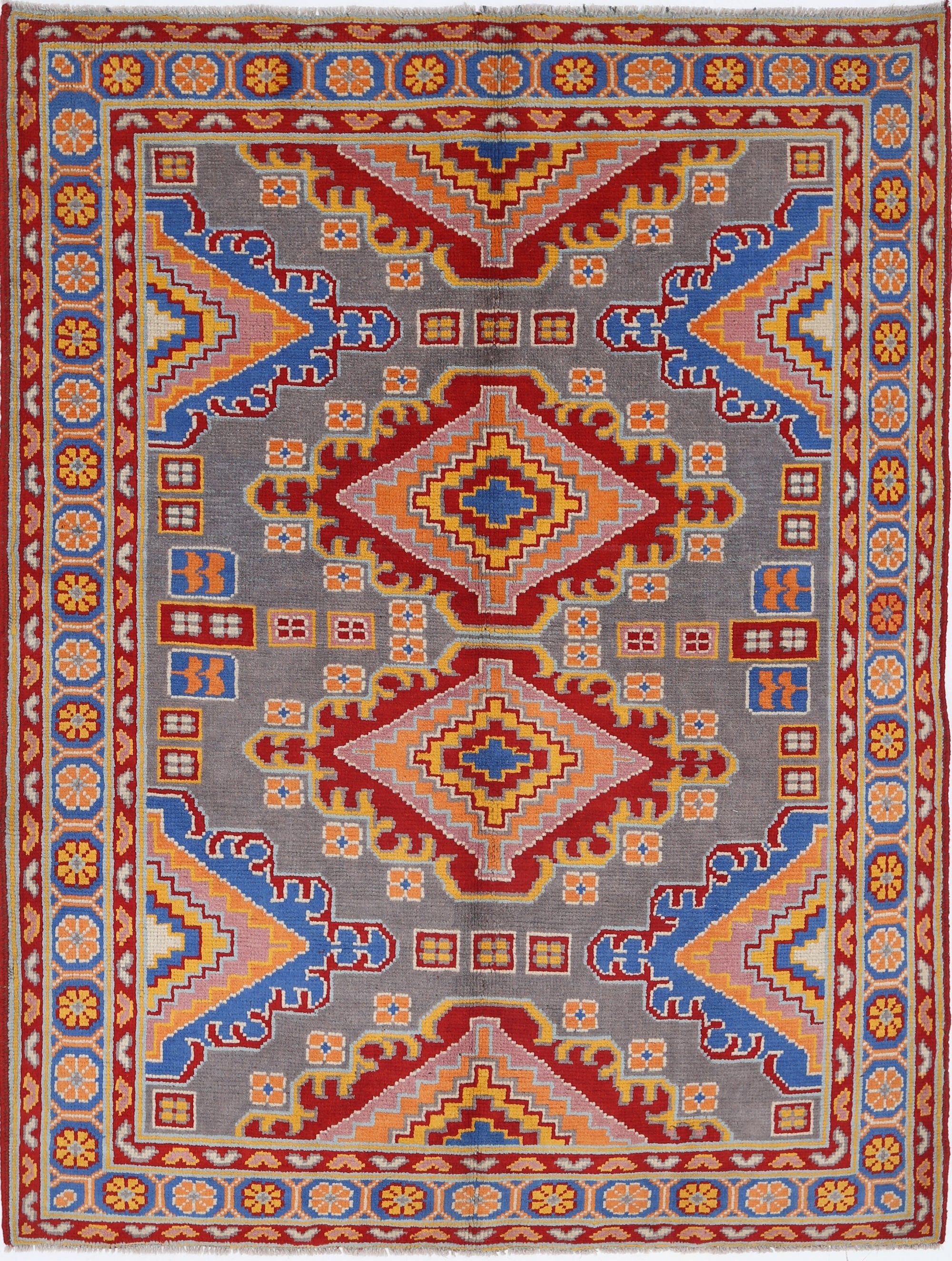 Grey Hand-Knotted Tribal Geometric Wool Rug - 5'0" x 6'8"